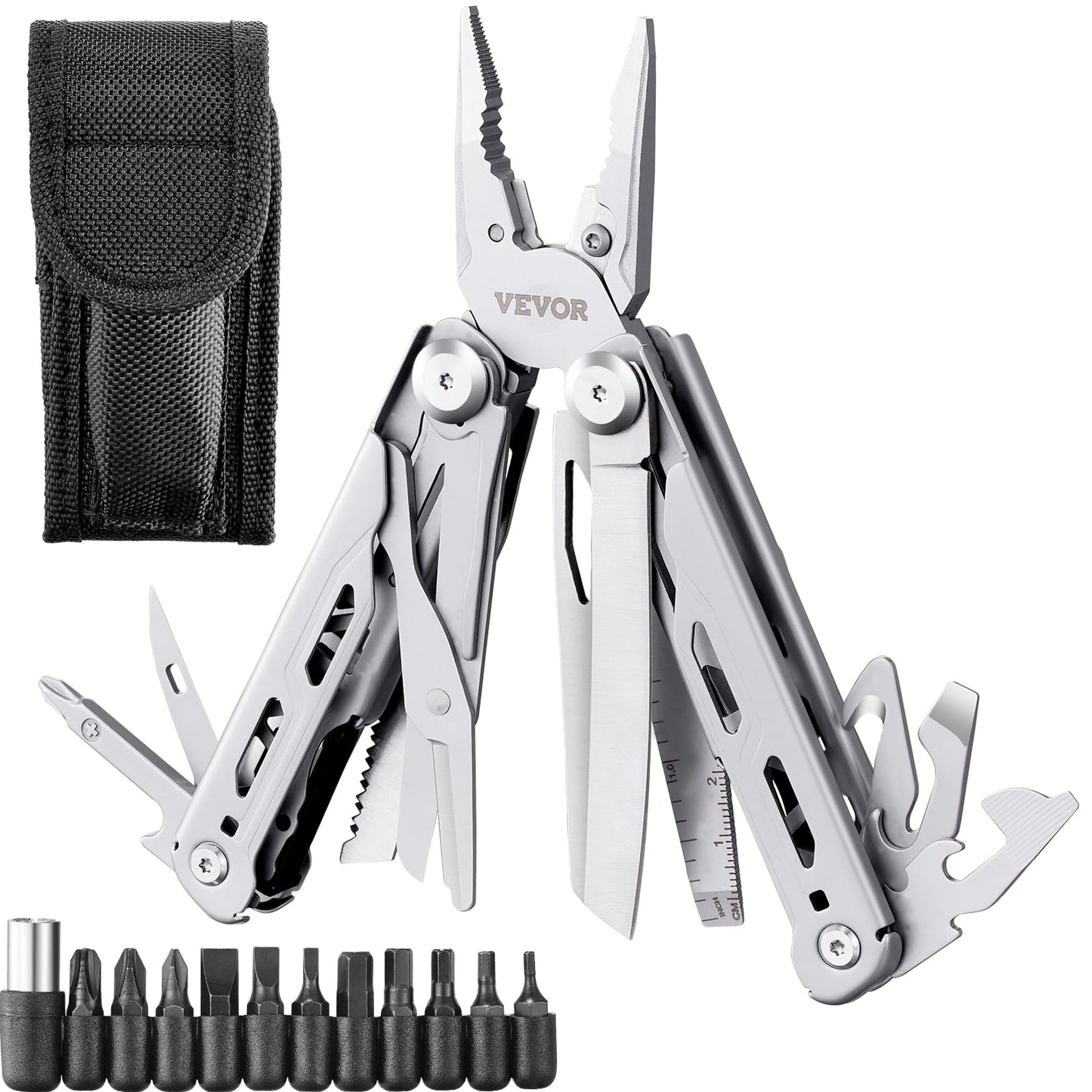 VEVOR 28-in-1 Multitool Pliers,Stainless Steel Multi Tool Pocket K-nife,Self-locking Multitool Pliers with Sheath & Replaceable Screwdrivers Bits Perfect for Outdoor Survival, Camping, Hiking