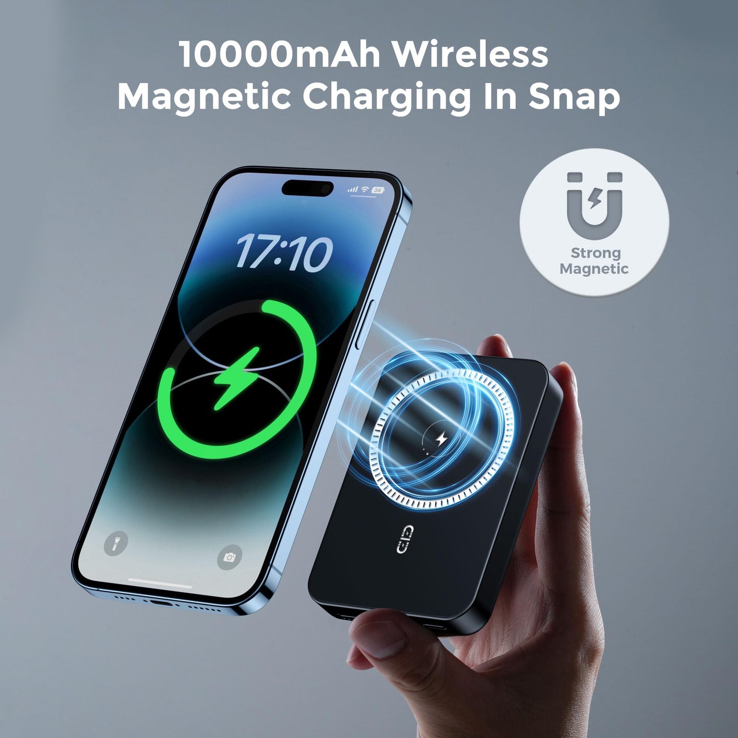 NOHON Wireless Charger Portable Mag-Safe-Battery Pack: 10000mAh Power Bank PD 20W Fast Charging with USB-C Cable, External Powerbank for Mag-Safe, for iPhone 15 14 13 12 Mini Pro Pro Max (Black)