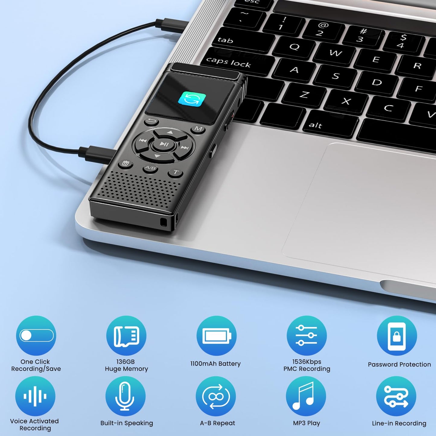 136GB Digital Voice Recorder with Playback,9000 Hours Audio Recording Device,Voice Activated Recorder with Noise Reduction,A-B Repeat,Mp3 Player