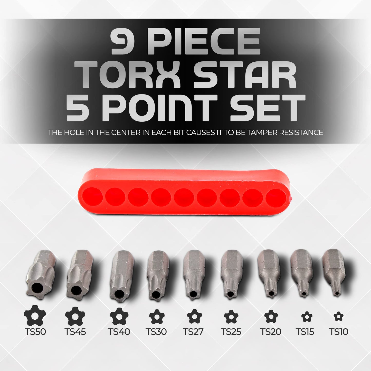 RAMPRO 9Pc Torx Star 5 Point, Security Tamper Proof, Driver Bit Set- T10, 15,20,25,27,30,40,45,50- Multifunction Damage/Shear Resistant Hollow Torque Kit