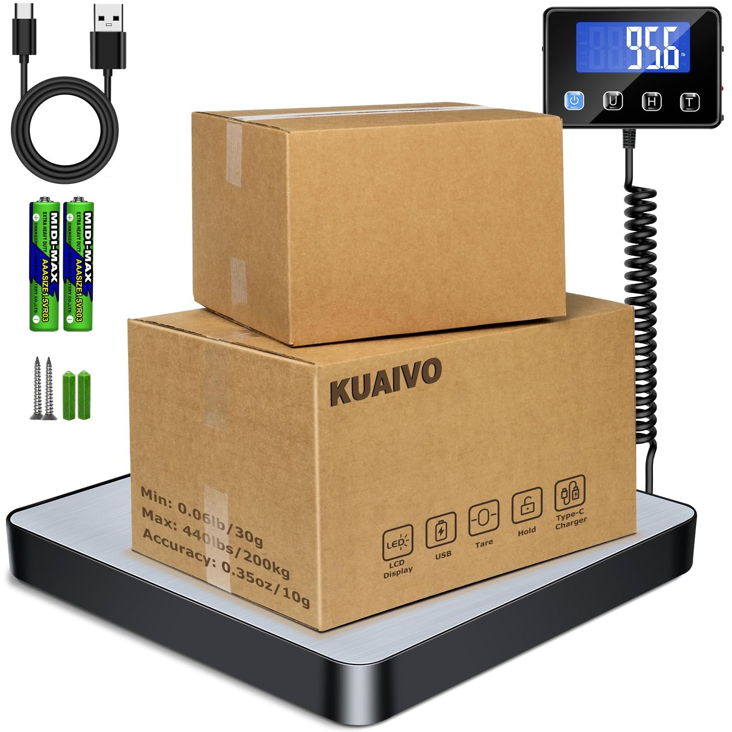 KUAIVO Digital Shipping Scale, 440lb Heavy Duty Postage Scale with Tare/Hold Function, Postal Scale for Package, Luggage, Small Business, Ware House, Home Use, Battery & Charging Cable Include