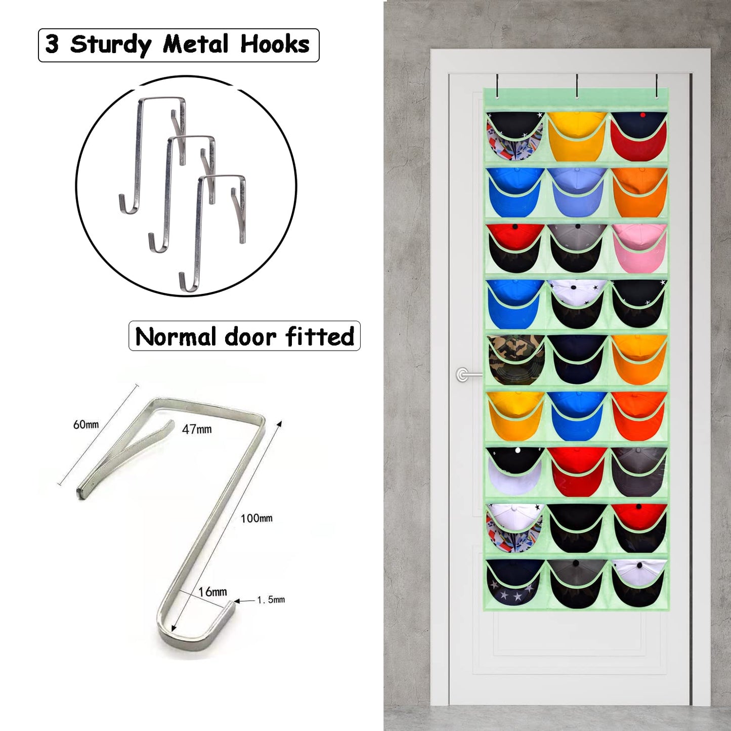 KHIKILY Baseball Hat Rack, 24 Pocket Over-The-Door Cap Organizer with Clear Deep Pockets Wall Mount Bag for Baseball Caps and Hats (Black)