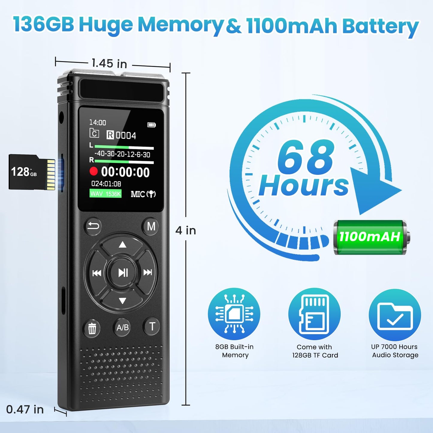 136GB Digital Voice Recorder with Playback,9000 Hours Audio Recording Device,Voice Activated Recorder with Noise Reduction,A-B Repeat,Mp3 Player