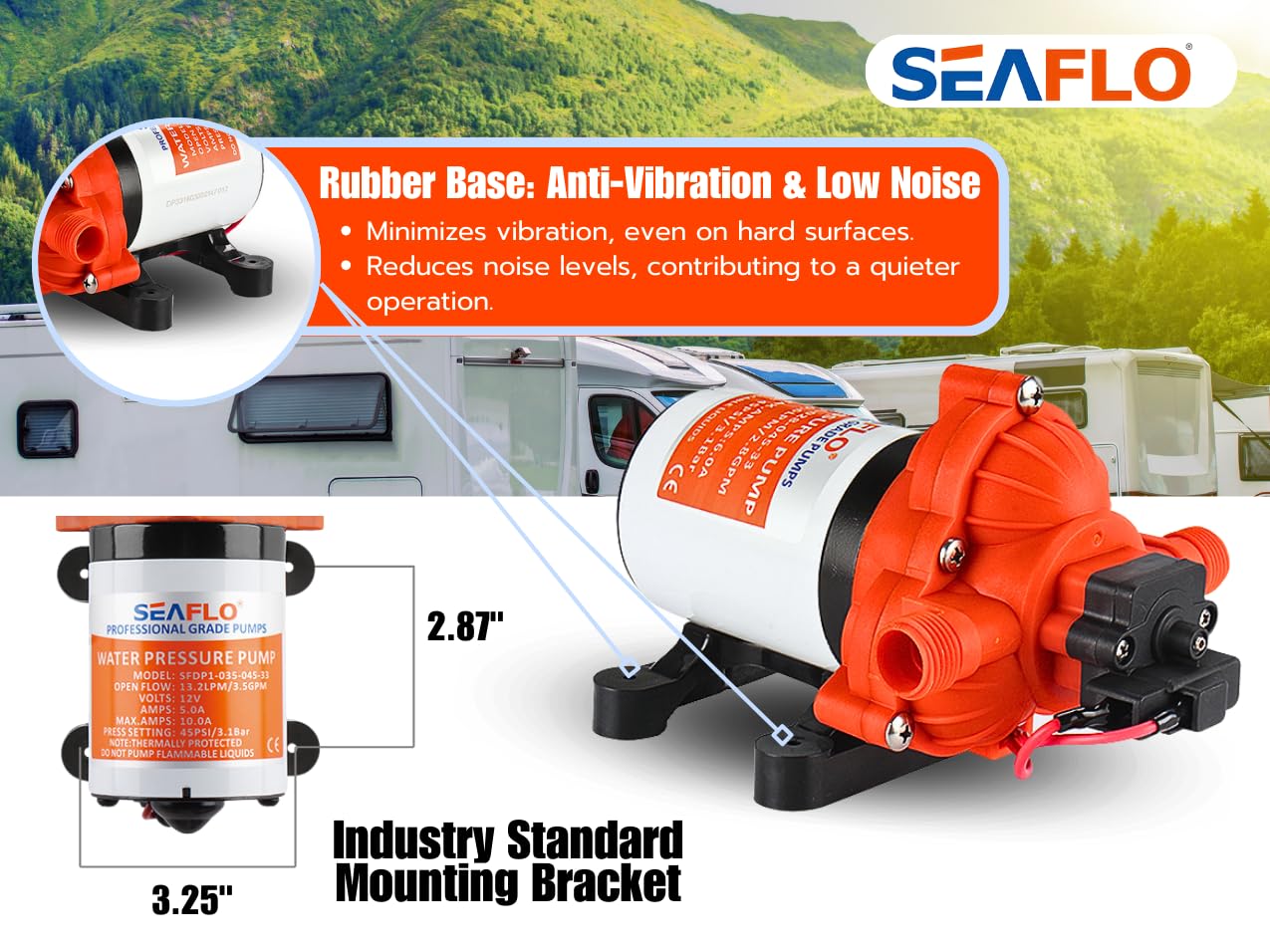 SEAFLO Water Diaphragm Self Priming Pump 3.0 Gallons/min (10.6 Lpm) 45 PSINew Rv/Marine 12 Volt Dc / 12 V Demand Fresh
