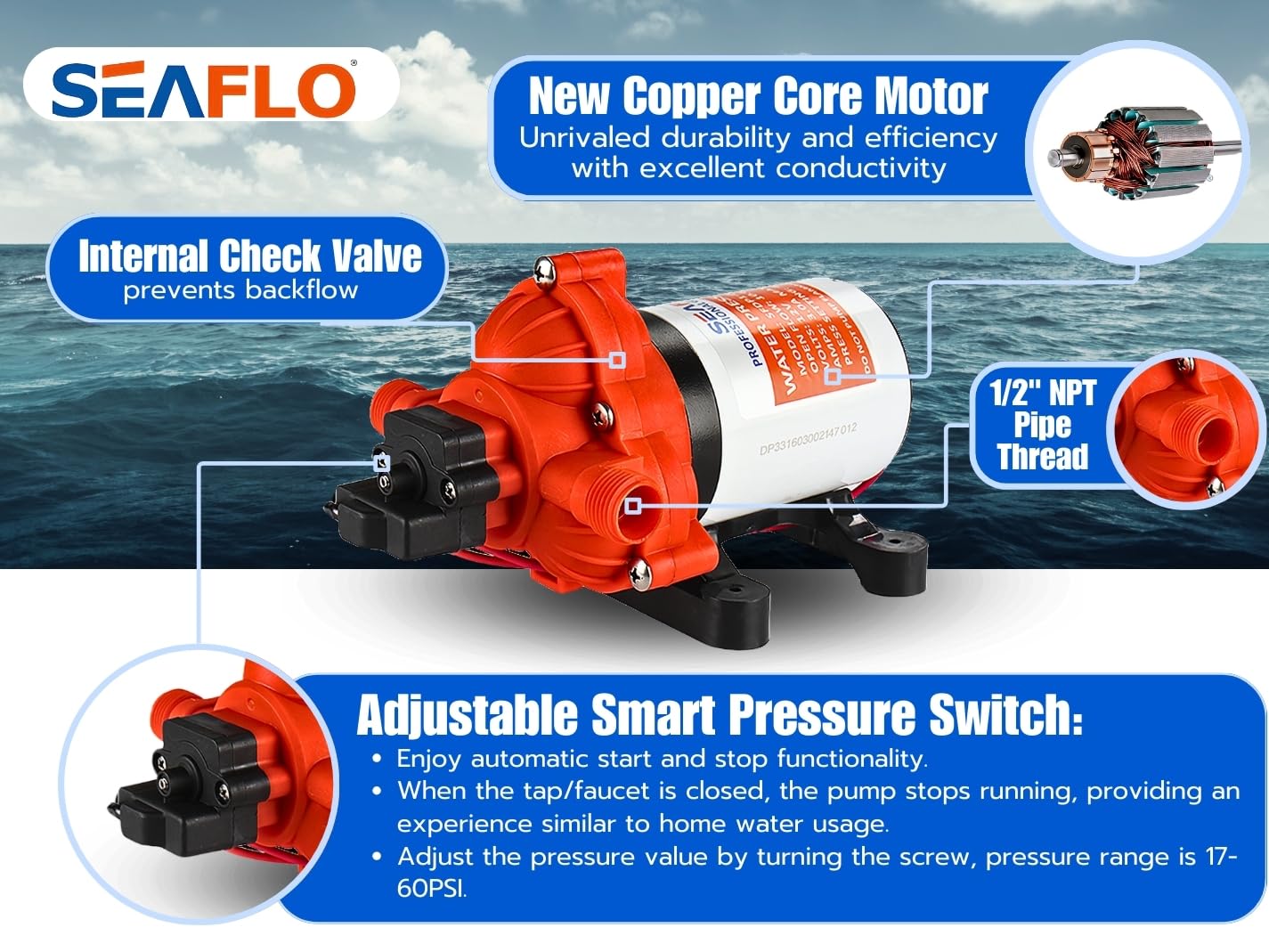 SEAFLO Water Diaphragm Self Priming Pump 3.0 Gallons/min (10.6 Lpm) 45 PSINew Rv/Marine 12 Volt Dc / 12 V Demand Fresh