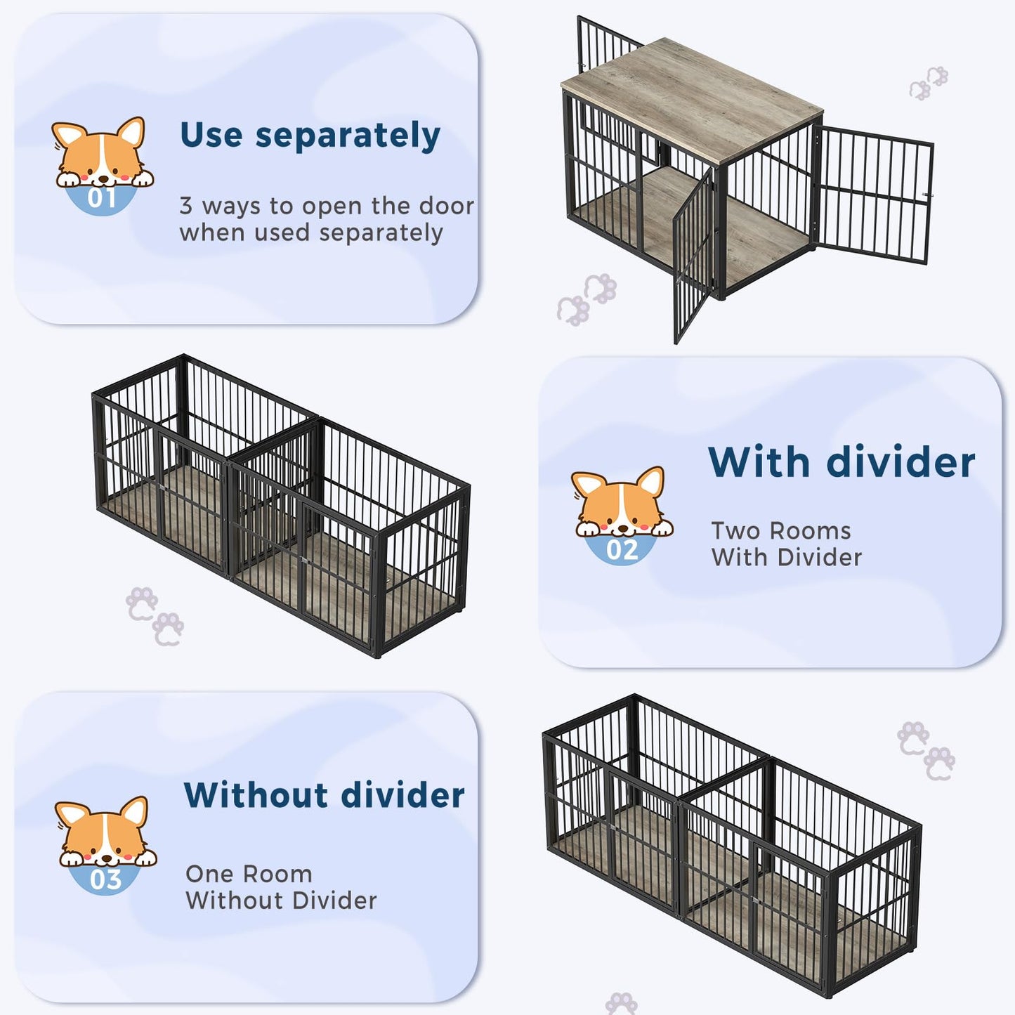 Lyromix 86.62''Dog Crate Furniture Large Breed TV Stand with Double Rooms,Wooden Dog Kennel Dog Crate End Table with Removable Divider for 2 Large Medium Dogs, Can Use Separately