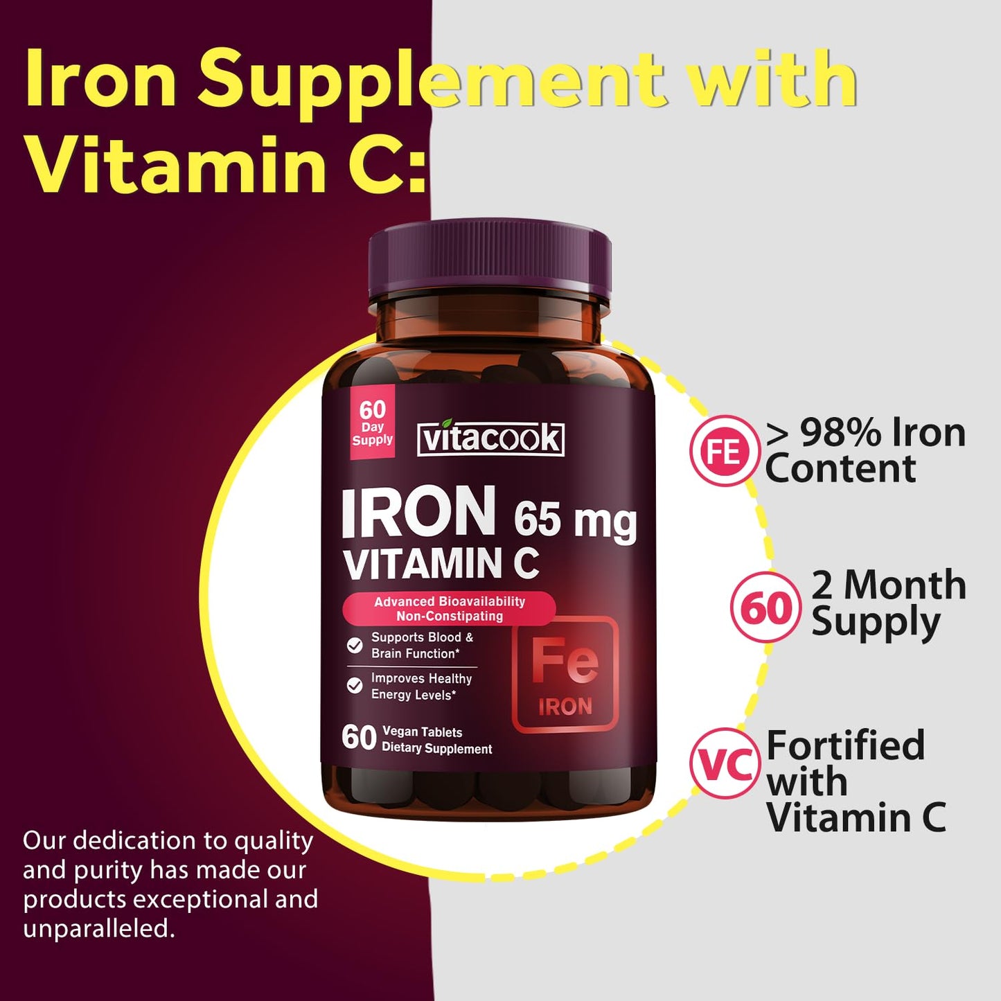 Vitacook Iron Supplement for Women Men, High Potency Iron 65mg with Vitamin C 250mg, Slow Release Stomach Friendly Iron Pills for Red Blood Cell & Immune Support, Non-GMO, Gluten Free, 60 Vegan Tabs