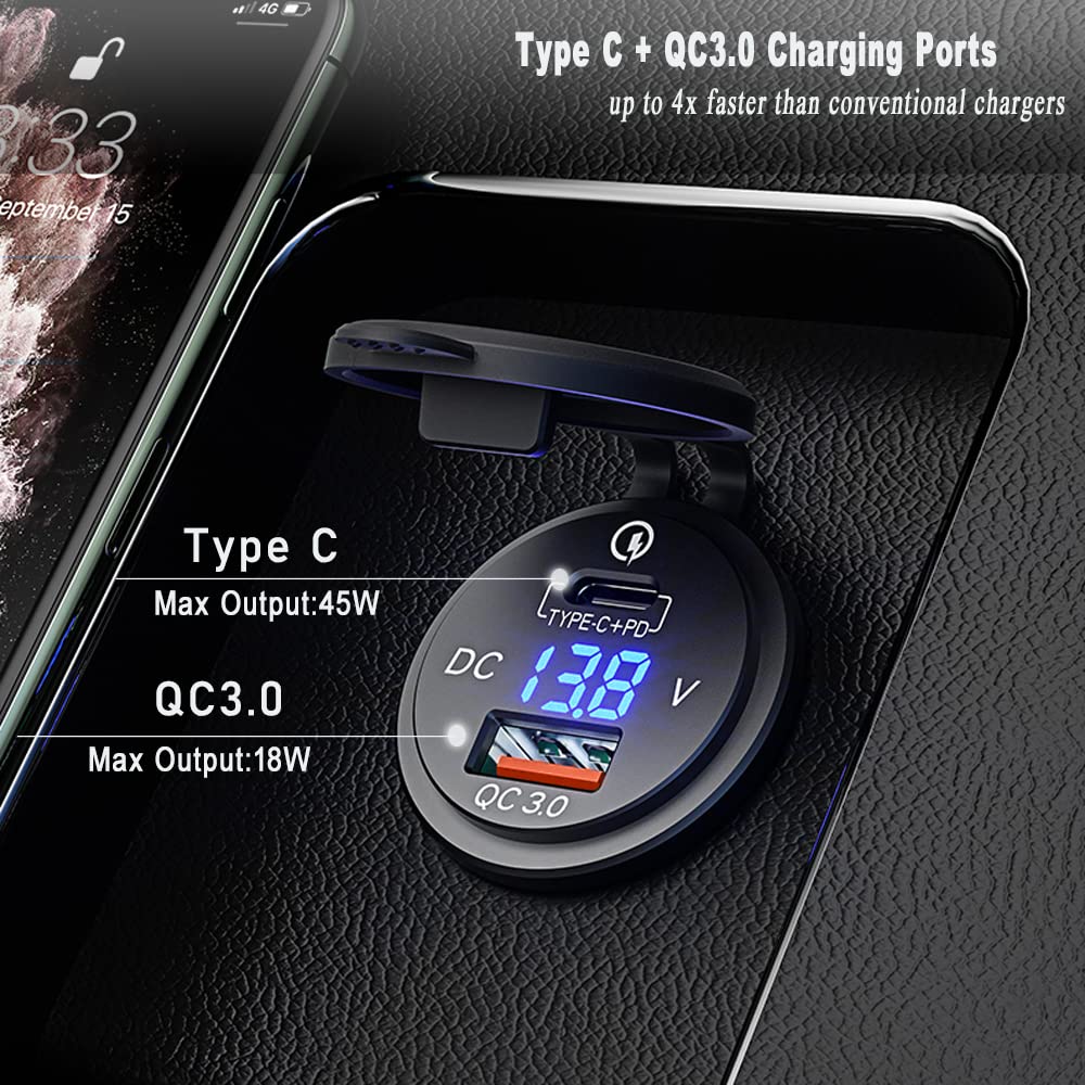 GemCoo 63W USB C Car Charger Socket, 45W PD Outlet 18W Quick Charge 3.0 USB Charger Socket, USB Cigarette Lighter Socket with LED Voltmeter Car USB Port 12V Socket for Car RV Boat Marine Truck Golf