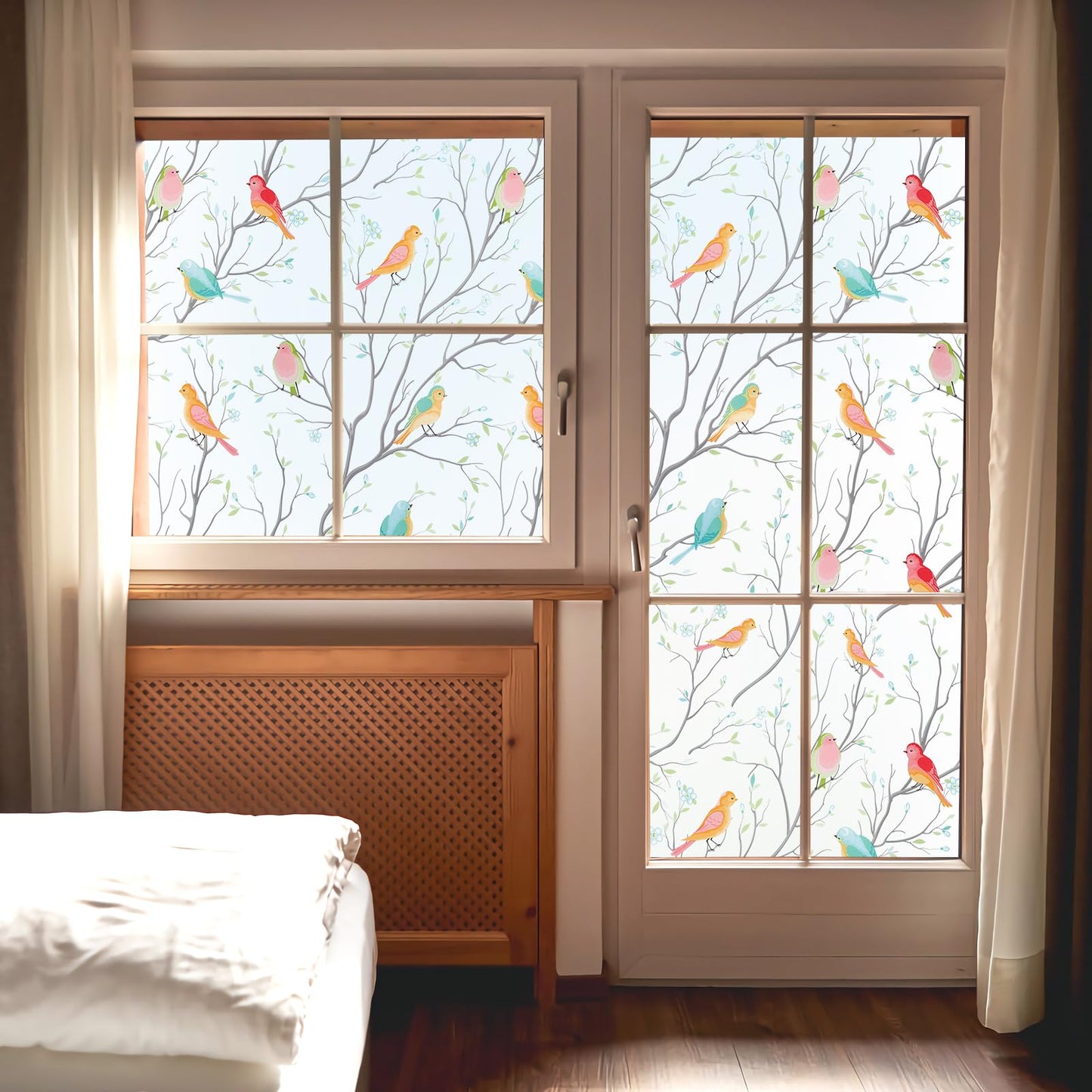 Coavas Window Privacy Film Decorative Bird Stained Glass Window Film Bathroom Frosted Glass Window Cling Privacy Film Heat Blocking Static Cling Day and Night Home Door Window Coverings 17.5" x 78.7"