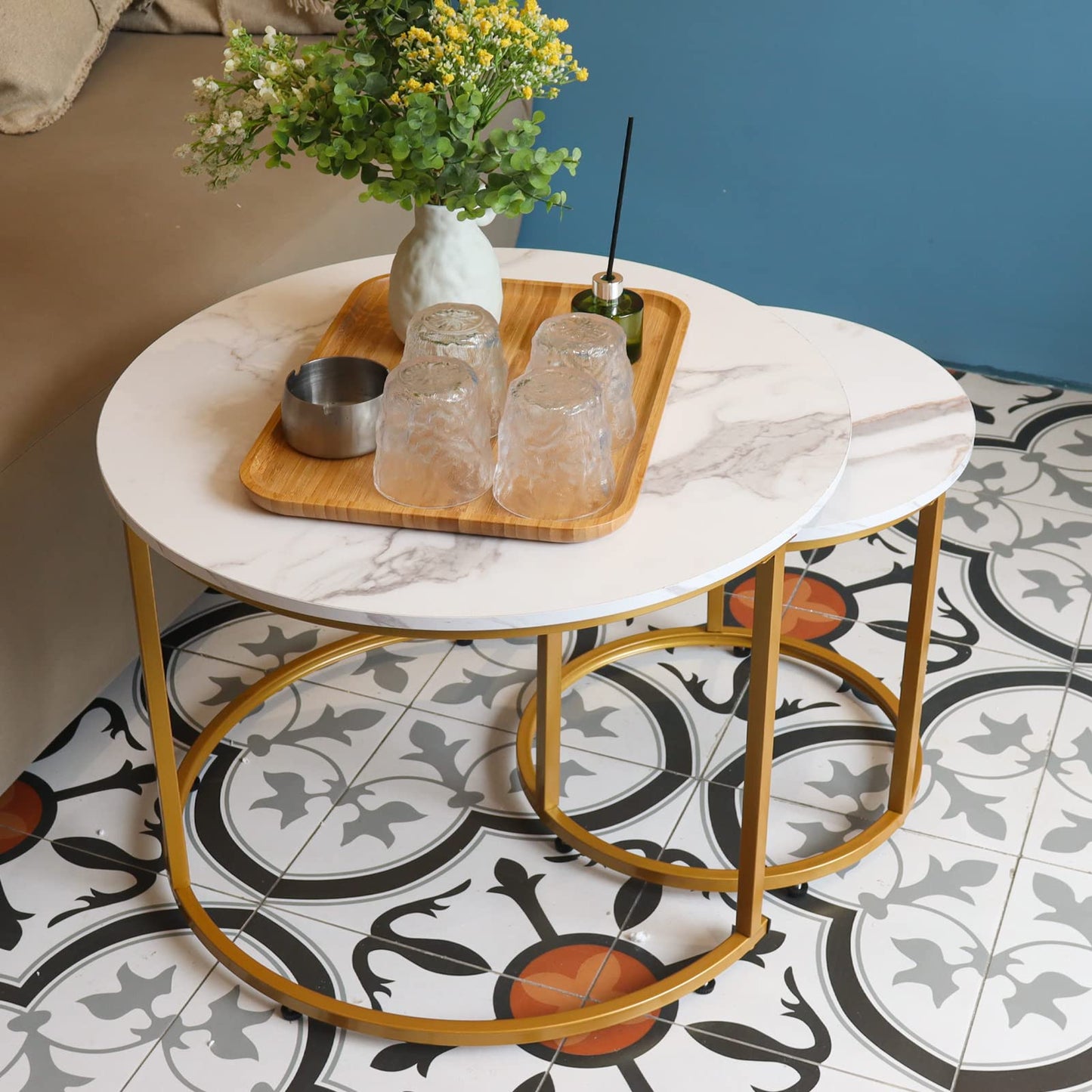 aboxoo Coffee Table Nesting White Set of 2 Side Set Golden Frame Circular Round and Marble Pattern Wooden Tables, Living Room Bedroom Apartment Modern