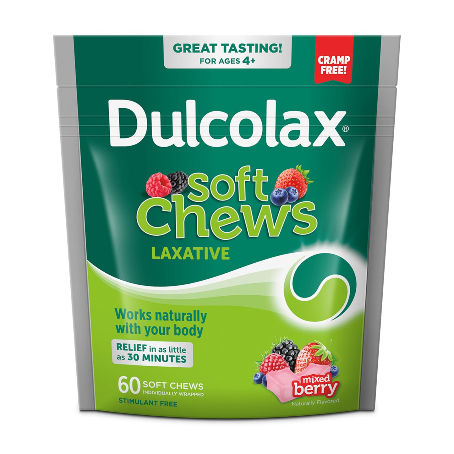 Dulcolax Saline Laxative Soft Chews, Gentle Constipation Relief, Mixed Berry Flavor, Magnesium Hydroxide 1200 mg, 60 Count