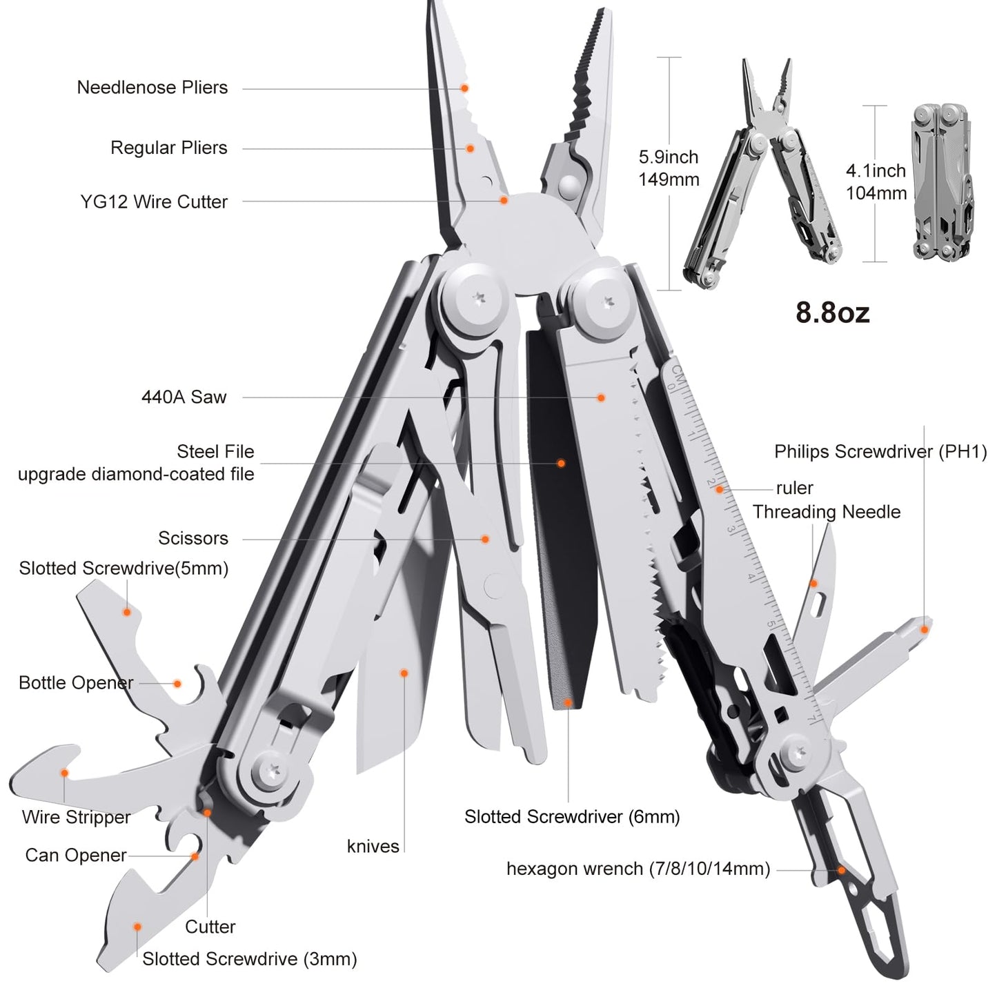 PERWIN Multitool, 22-in-1 Multi-Tool Pliers with Safety Locking, Pocket Knife, Bottle Opener, EDC Equipment With Pocket Clip for Survival, Camping, Hunting and Hiking, Stainless Steel