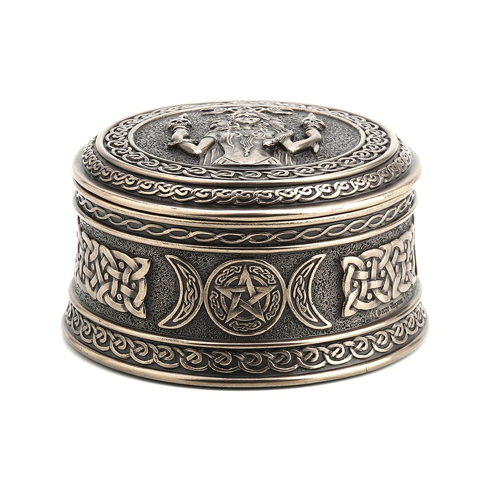Veronese Design 2 1/8" Tall Hecate Goddess of Chthonic Round Trinket Box Cold Cast Bronzed Resin Handmade Collectibles Wiccan Figurine Decorative Storage