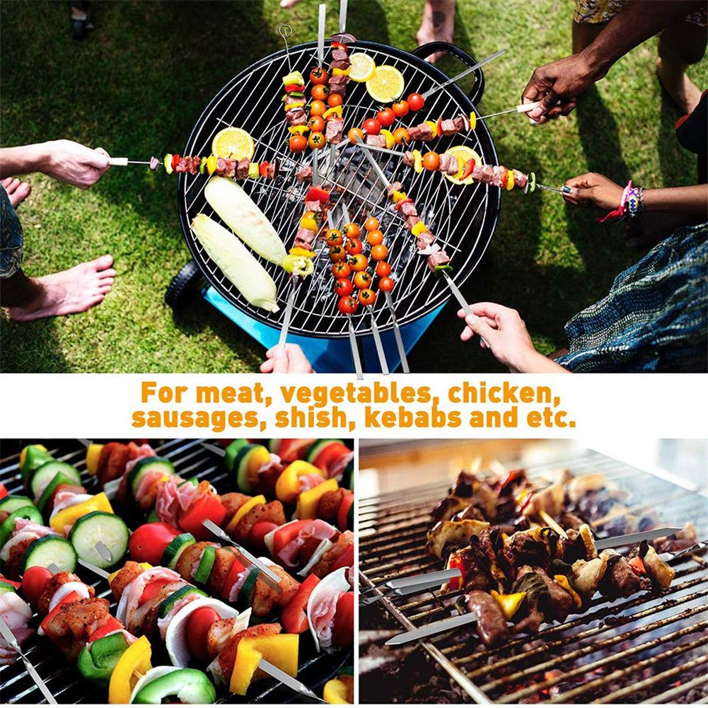 12PCS Kabob Skewers Flat Metal BBQ Barbecue Skewer 14" Long Stainless Steel Shish Kebob Sticks Wide Reusable Grilling Skewers Set for Meat Shrimp