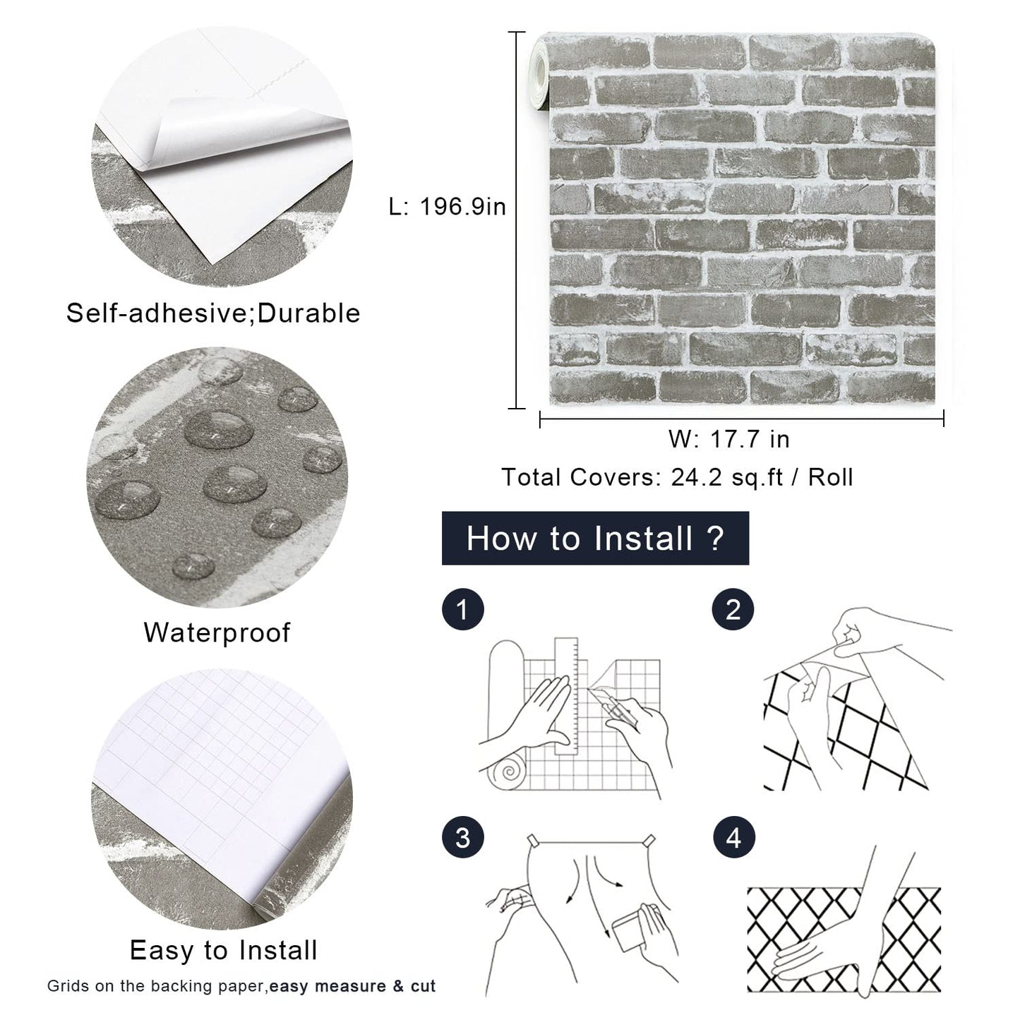Timeet 17.7"×197" 3D Gray Brick Wallpaper Peel and Stick Wallpaper Self Adhesive Wallpaper Faux Brick Wallpaper Textured Wallpaper for Room Wall Decor Vinyl Film Roll