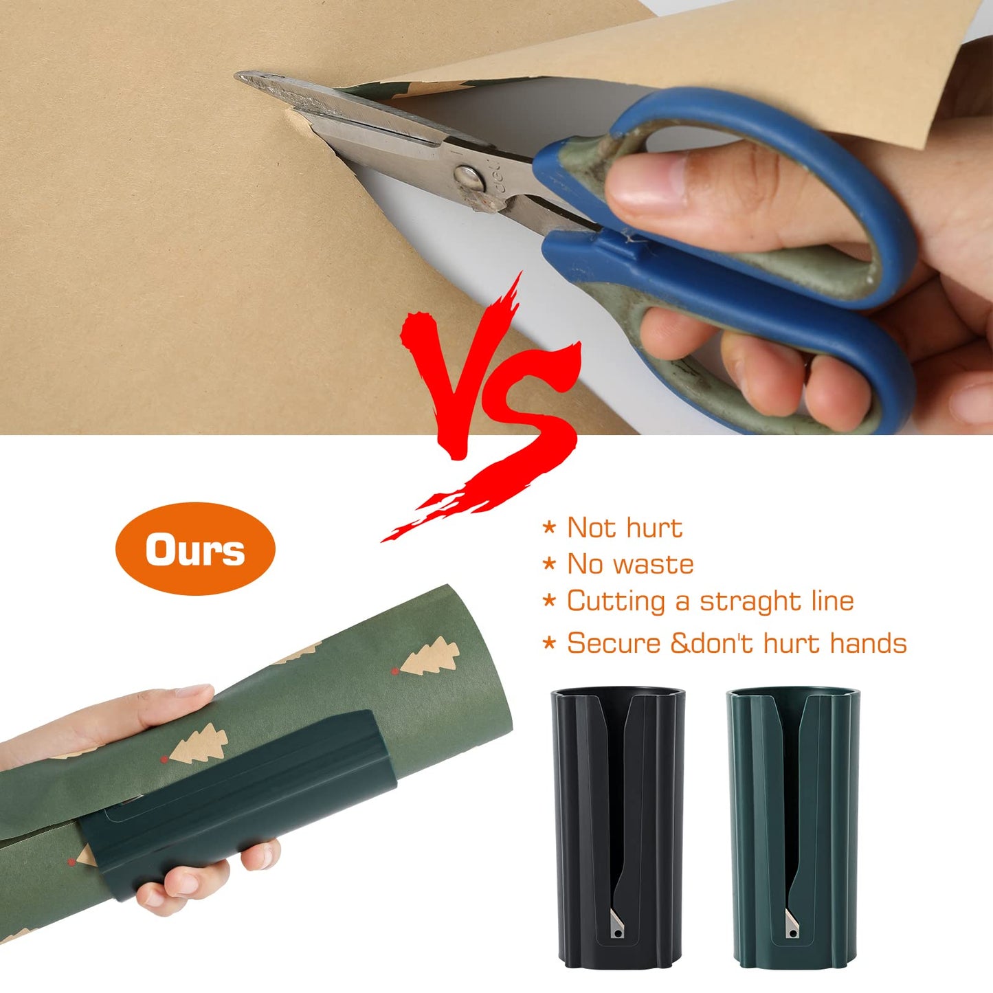 Wrapping Paper Cutter, Christmas and Birthday Gift Wrapping Cutting Tool, Creative Kraft Craft Paper Roll Sliding Line Cut Trimmer for Xmas Gift, Safer and Easier Cutting, 2 Pack