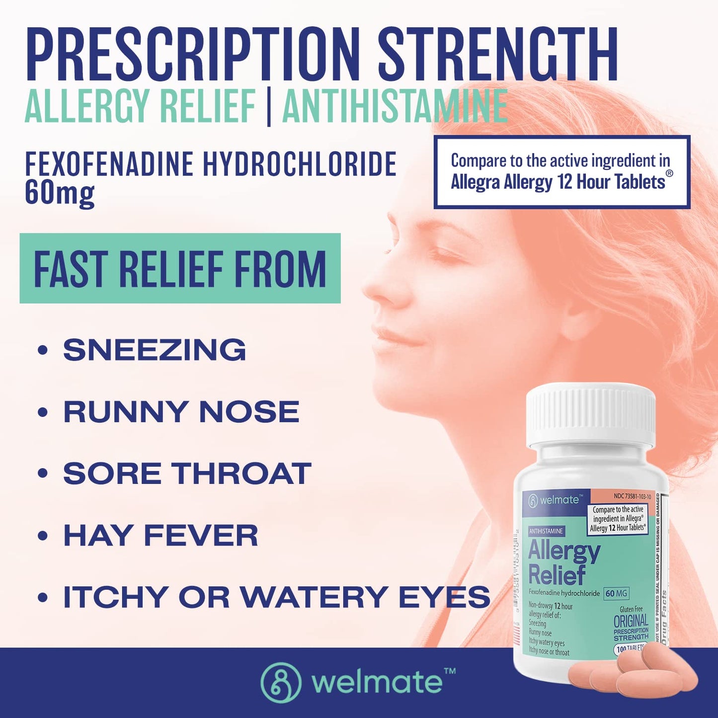 WELMATE Allergy Relief | Fexofenadine HCl 60 mg Non-Drowsy Antihistamine | 100 Count Tablets | 12 Hour All Day Support