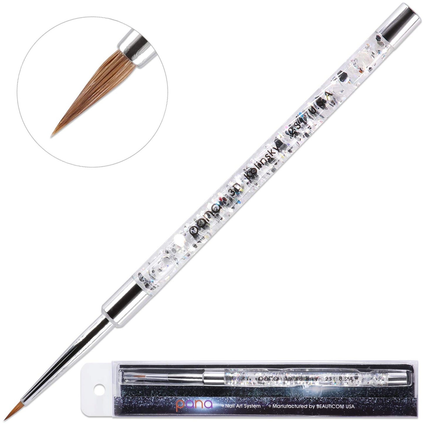 PANA Kolinsky 3D Acrylic Nail Brushes with Liquid Glitter Handle - For Professional Acrylic Powder Liquid Manicure Pedicure (Silver Color, Size #2)