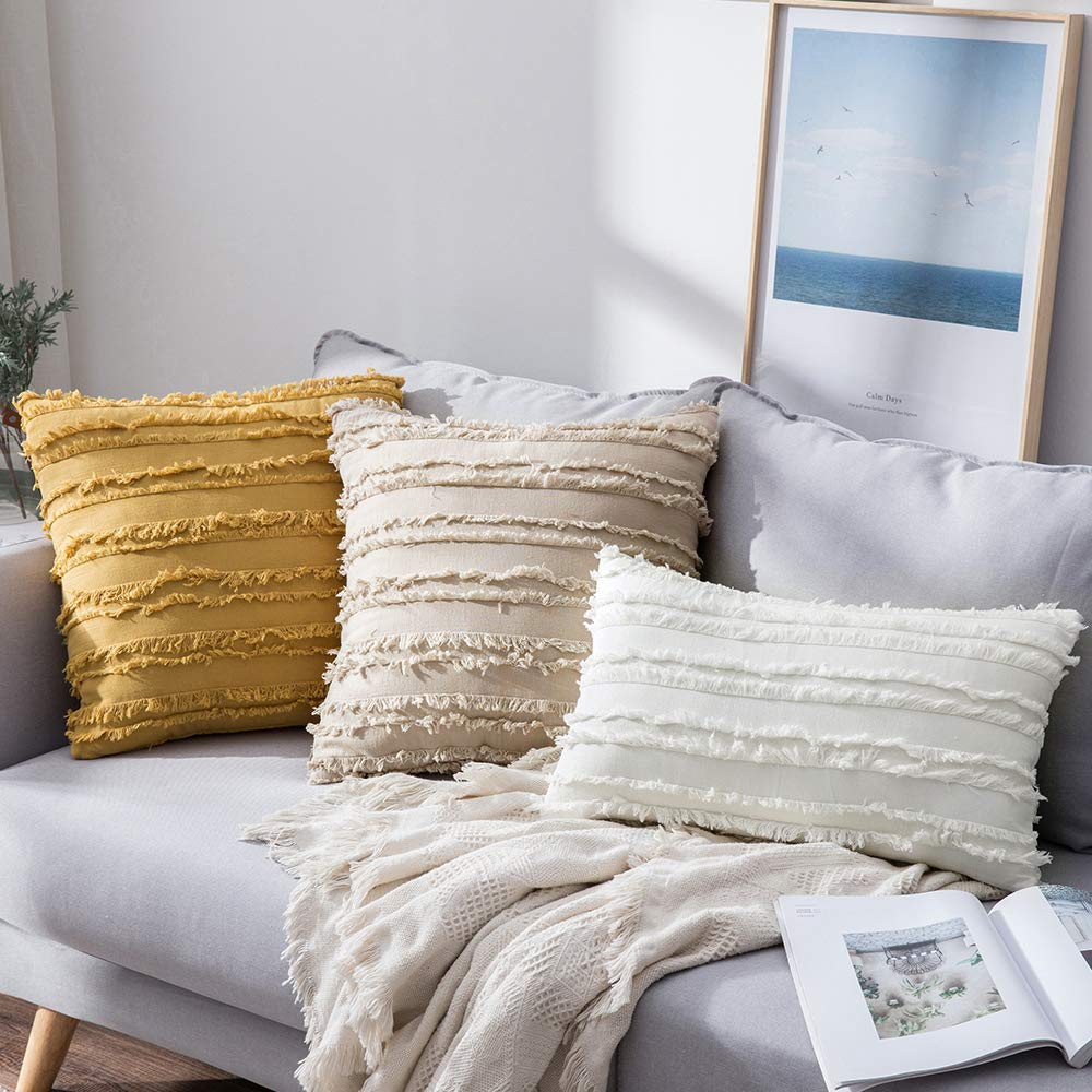 MIULEE Set of 2 Decorative Boho Throw Pillow Covers Linen Striped Jacquard Pattern Cushion Covers for Sofa Couch Living Room Bedroom 18x18 Inch Beige