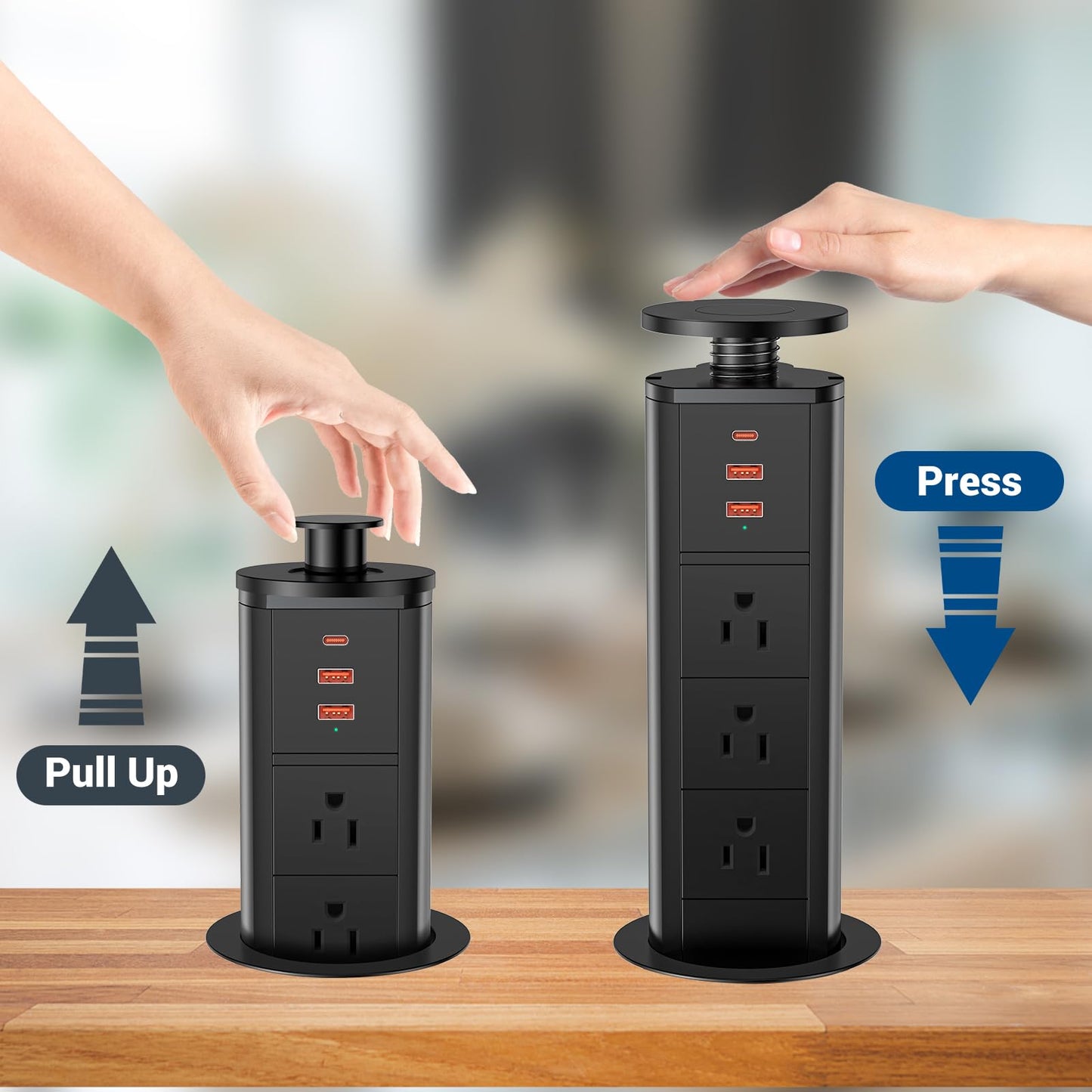 BTU Pop Up Outlet with USB Ports, Pop Up Outlet for Countertop with 3 AC Outlet, 2 USB A Ports and 1 USB C Port Hidden Outlet Plug Pop Up Outlet for Kitchen Countertop Conference Office, Black