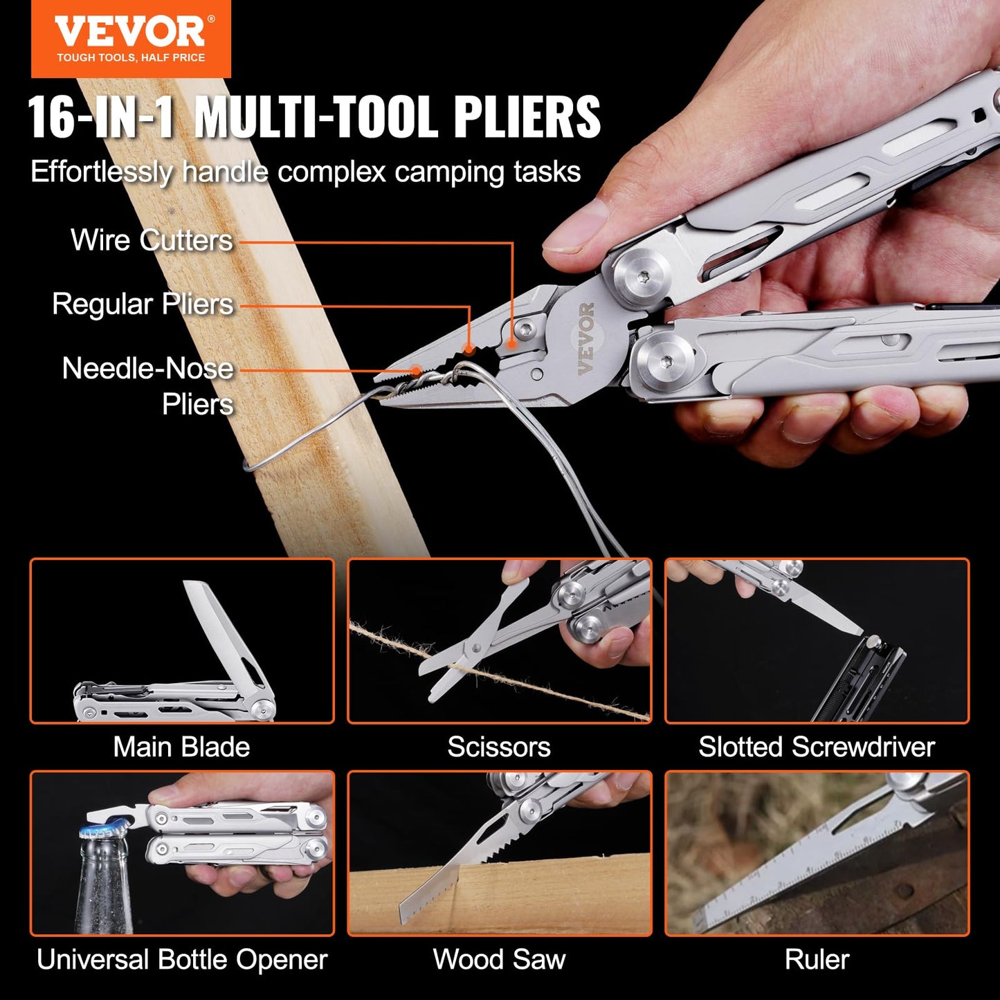 VEVOR 28-in-1 Multitool Pliers,Stainless Steel Multi Tool Pocket K-nife,Self-locking Multitool Pliers with Sheath & Replaceable Screwdrivers Bits Perfect for Outdoor Survival, Camping, Hiking