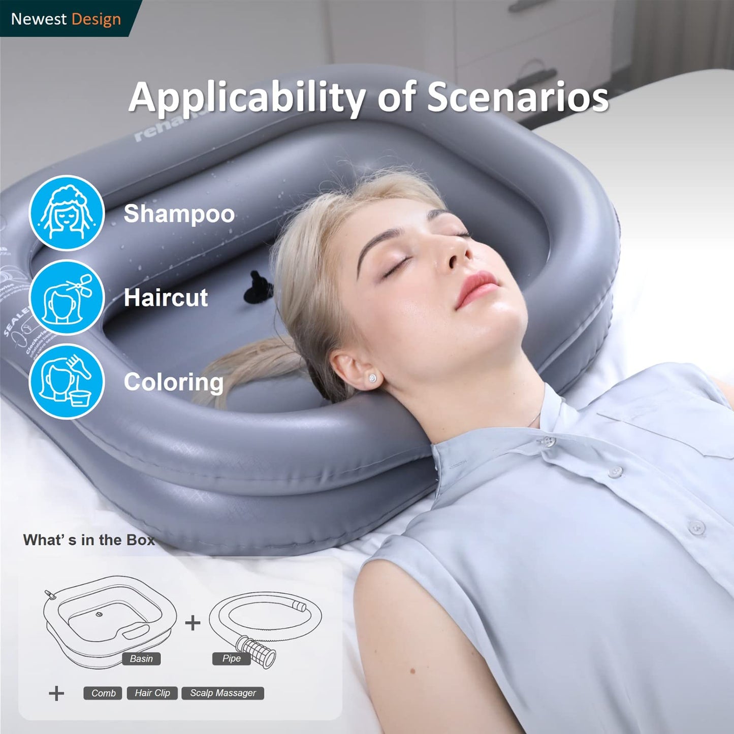 Rehand Inflatable Wash Basin, Portable Shampoo Bowl for The Elderly, Disabled, Bedridden and Handicapped, Portable Hair Washing Sink for Pregnant Woman, Bedside and in Bed Hair Washing Tray