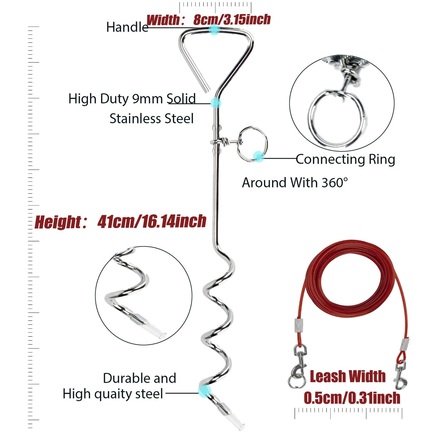 Darkyazi Dog Stake Tie Out Cable and Reflective Stake 16 ft Outdoor, Yard and Camping, for Medium to Large Dogs Up to 125 lbs (16ft Cable, 18" Stake, Red)