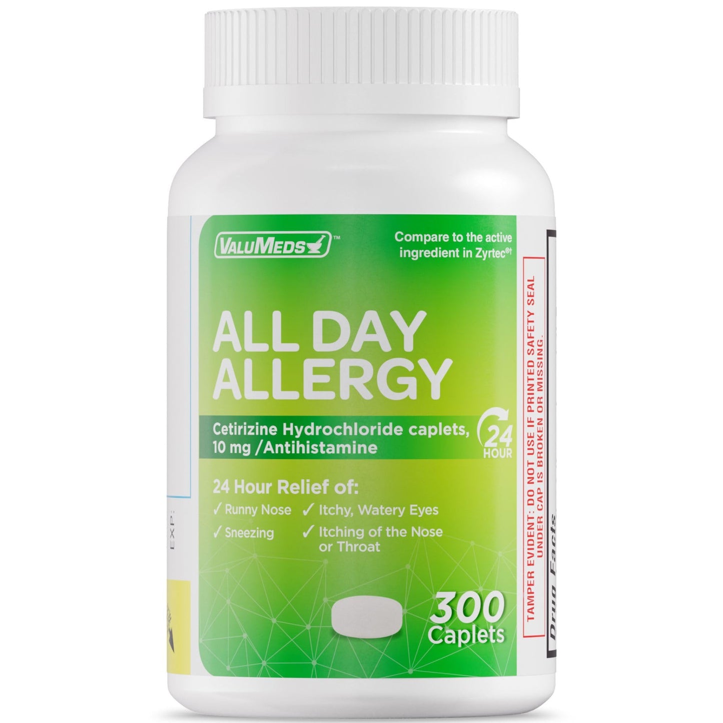 ValuMeds 24-Hour Allergy Medicine (300-Count) Antihistamine for Pollen, Hay Fever, Dry, Itchy Eyes, Allergies | Cetirizine HCl 10mg Caplets, Compare to Zyrtec