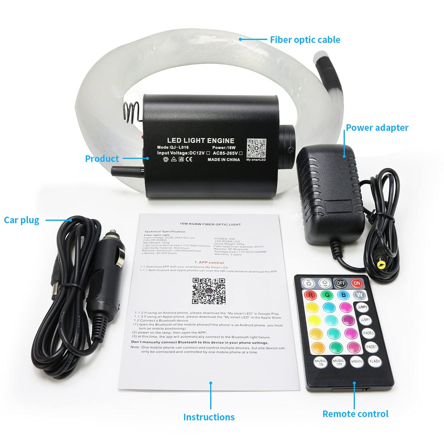 AMKI 16W Fiber Optic Lights,Starlight Headliner Light Kit APP/Remote Control Sound Activated Mode for Car&Home Decoration,Optical Fiber Cable Strands