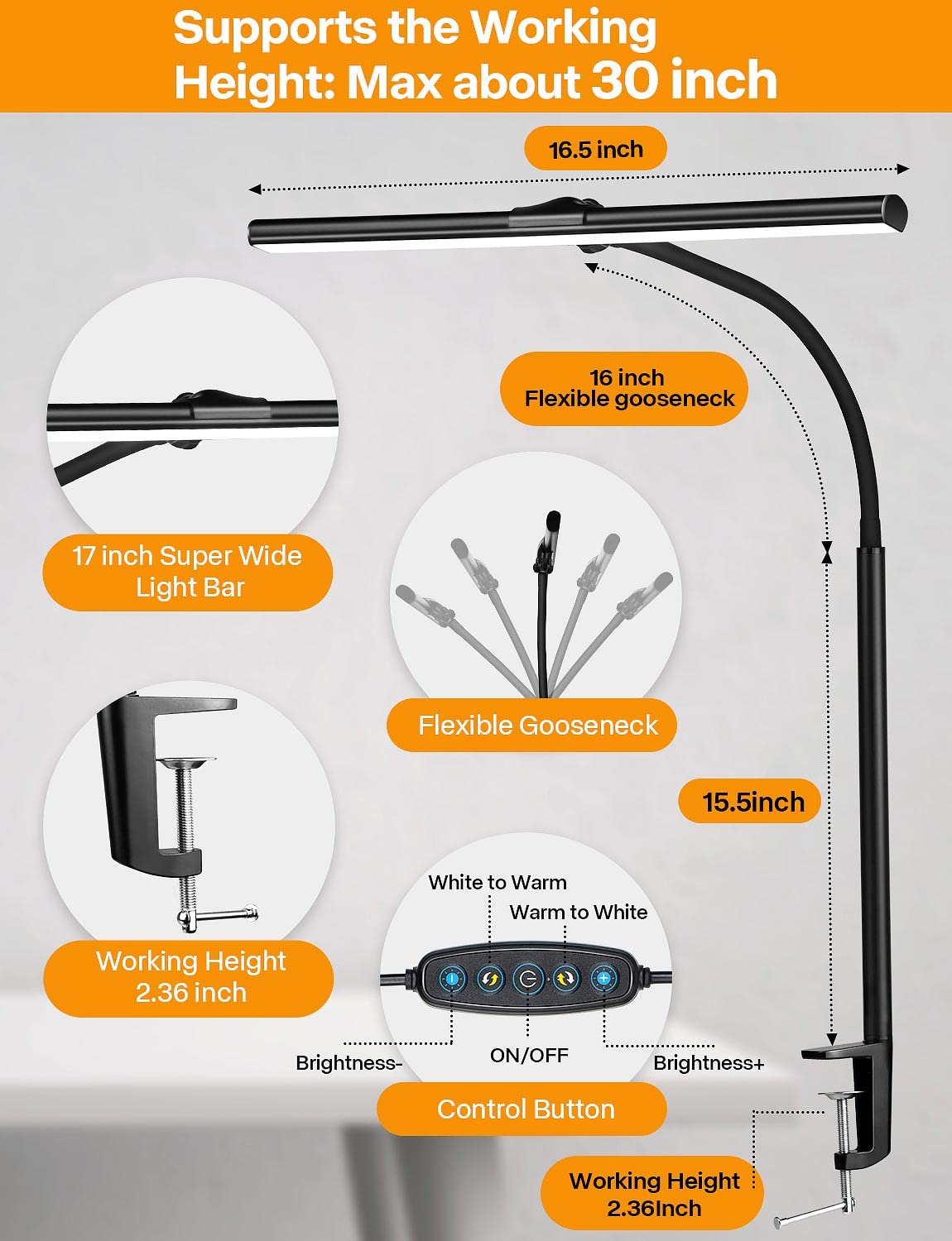 ACNCTOP Desk Lamp for Office Home - Eye-Caring Architect Task Lamp 25 Lighting Modes Adjustable LED Desk Lamp Flexible Gooseneck Clamp Light for