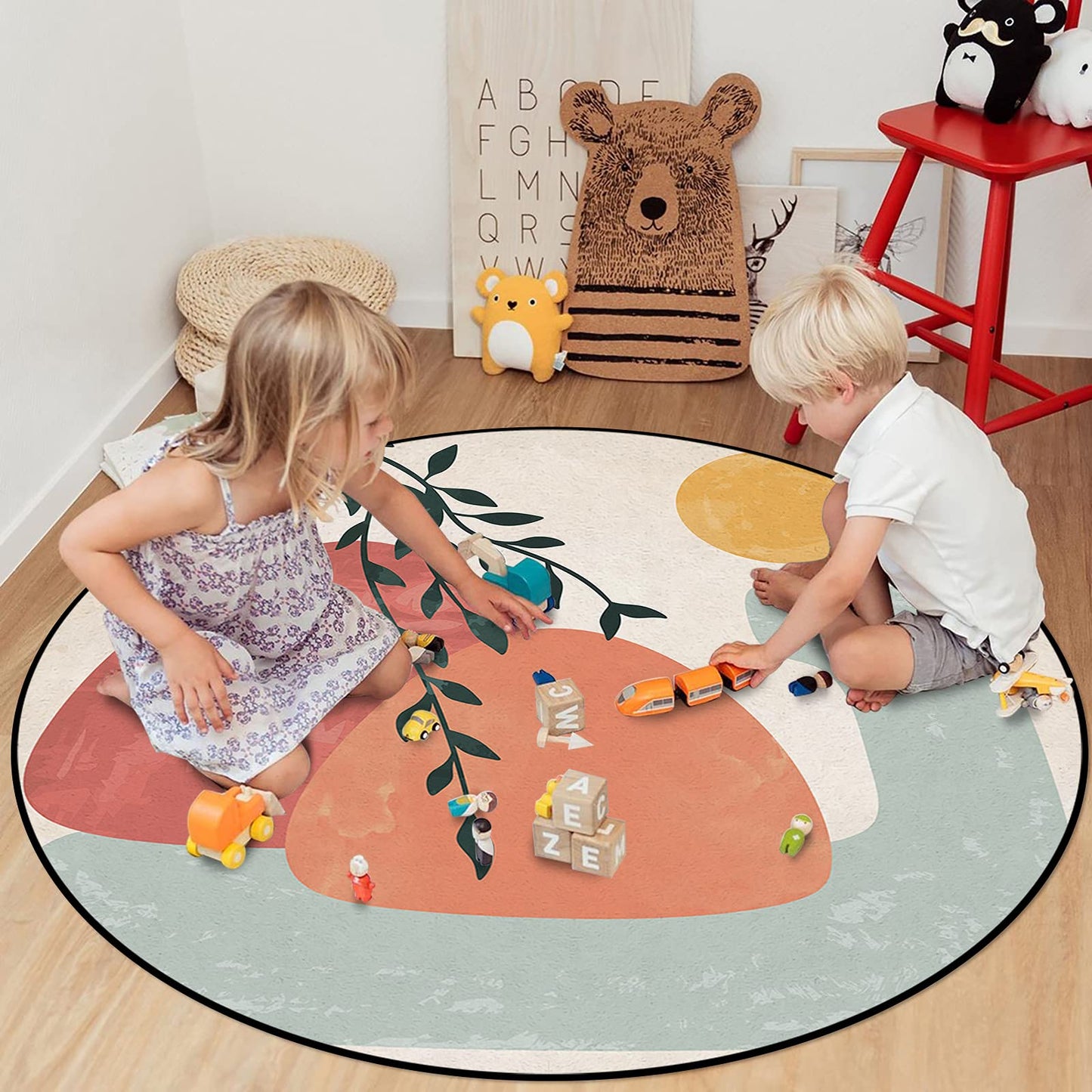YOKOU Round Indoor Area Rugs, Modern Art Abstract Mountains and Sun Leaves Boho Art Mid-Century Anti-Skid Soft Cozy Accent Area Rug for Living Room Bedroom Nursery Porch Decor, 5 ft