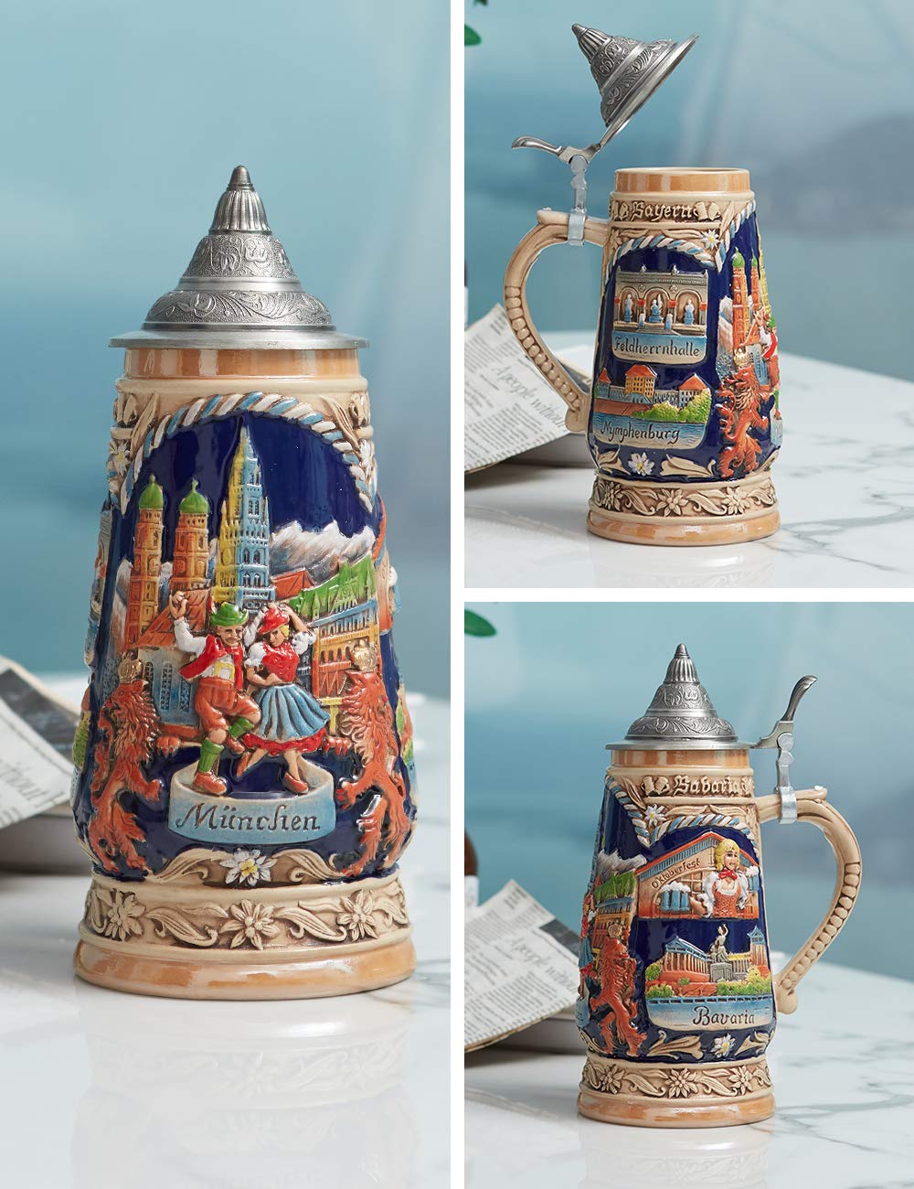 HAUCOZE Beer Stein Mug German Munich Bavarian Drinking Stanley Viking Tankard with Petwer Lid for Birthday Gifts Men Father Husband 1.0Liter