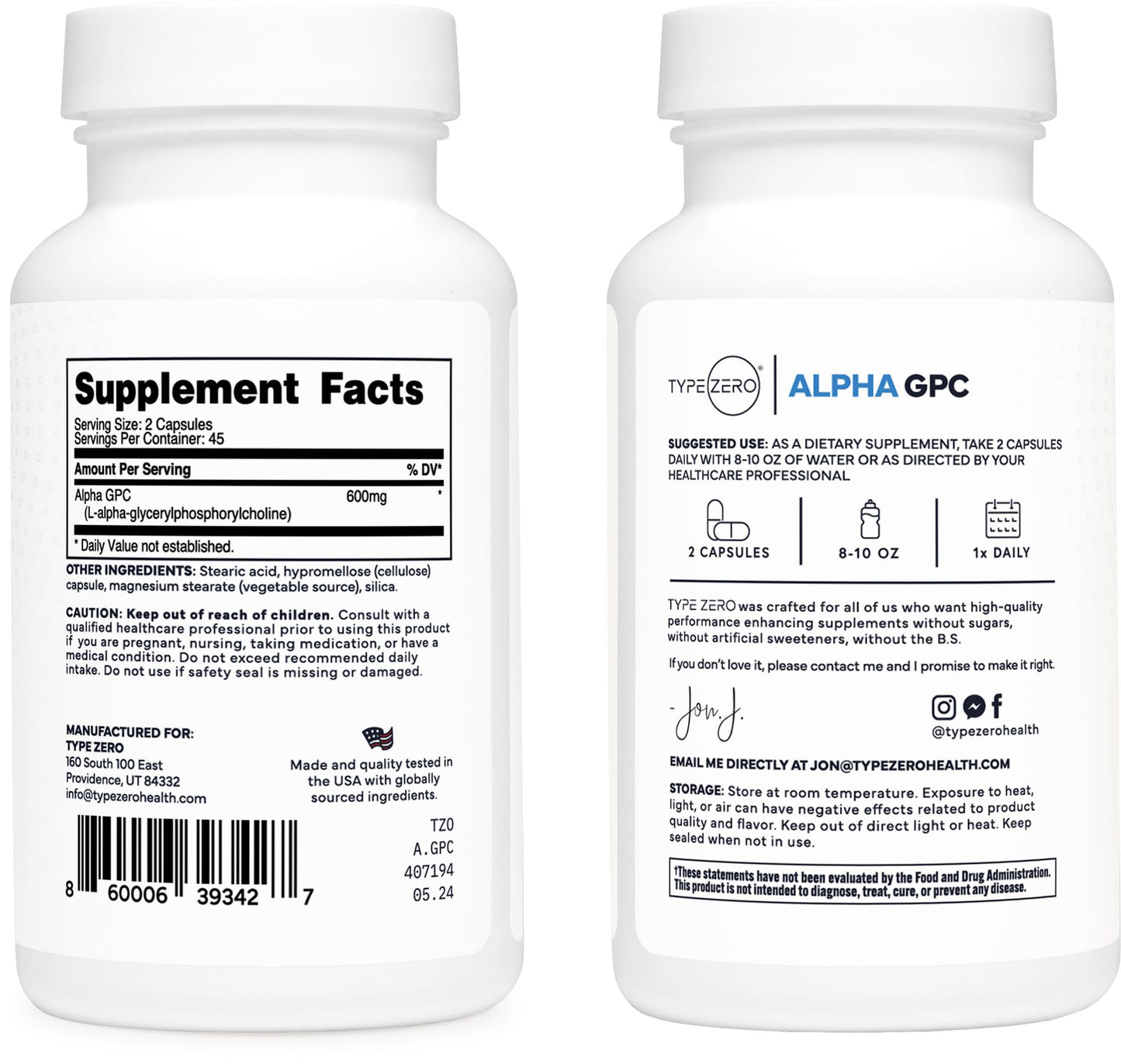 Type Zero Ultra Clean Alpha GPC Choline Supplement (600mg | 90 Capsules) Soy Free, Non-GMO Nootropics Alpha GPC 600mg / 300mg; Alpha-GPC Brain Memory and Focus Supplements