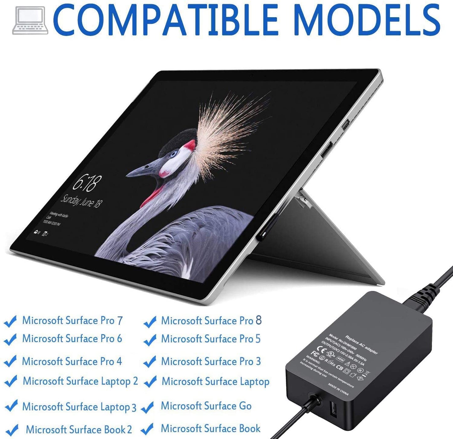 Surface Pro Charger, 65W 15V 4A Surface Laptop Charger Power Supply for Microsoft Surface Pro 3/4/5/6/7/8/9/X Surface Laptop 1/2/3/4 Surface Go 1/2/3 Surface Book 1/2/3 with USB Port