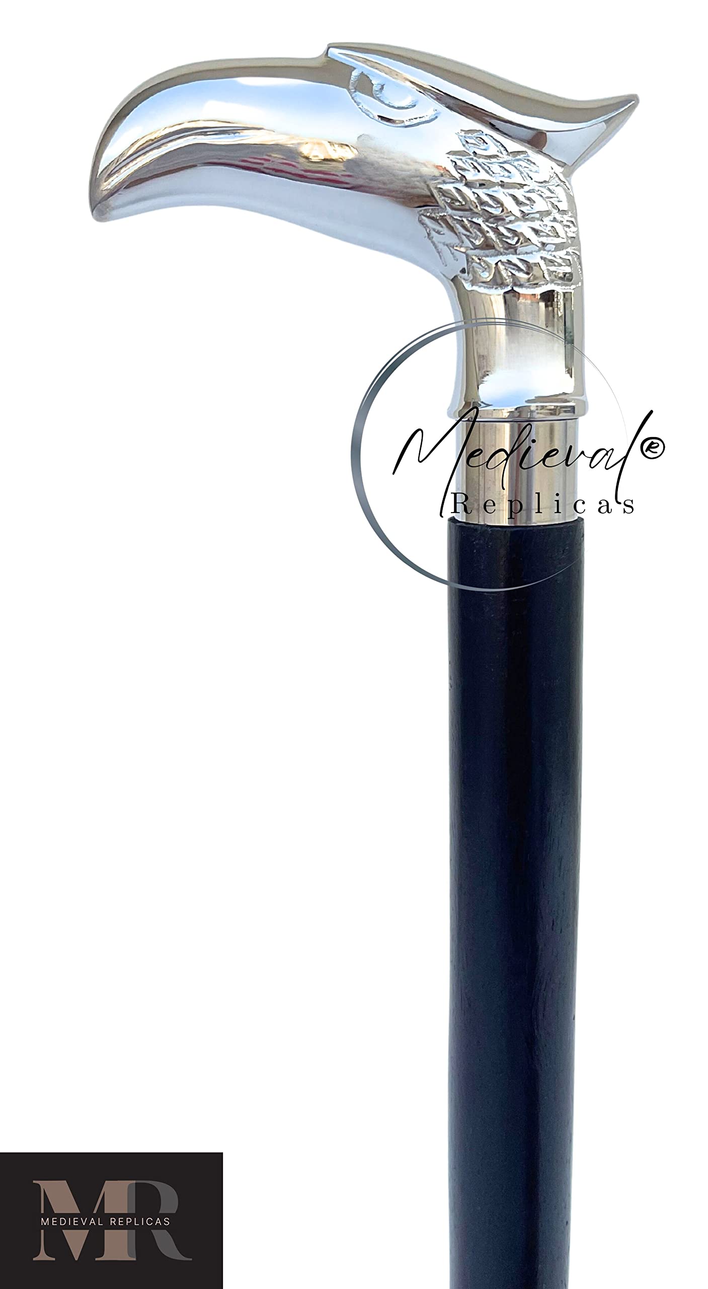 Medieval Replicas Wooden 37" Decorative Walking Cane Walking Stick Premium Quality Rare Eagle Head Decorative Prop with Nickel Plated Brass Handle (Symbol of Power and Strength) Unique Gifts