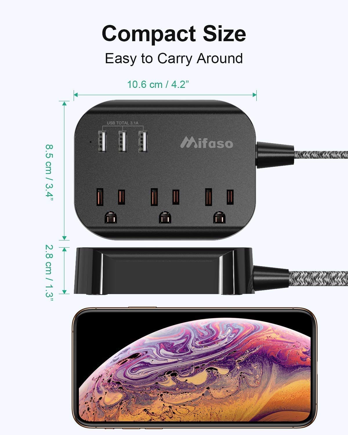 Cruise Ship Essentials - Power Strip with USB, Mountable Flat Plug Power Strip with 3 Outlets 3 USB Ports(Smart 3.1A), 5ft Braided Extension Cord, Compact for Cruise Ship, Travel, Home, Dorm