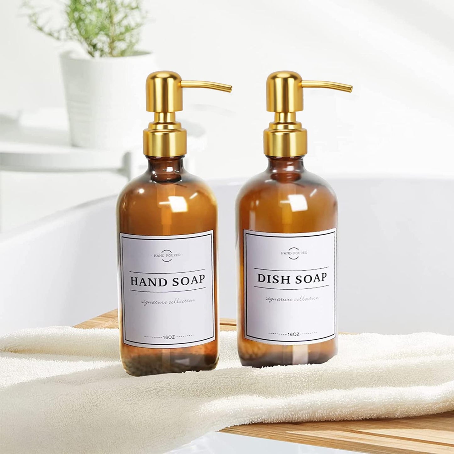 Glass Soap Dispenser with Pump and Tray - Refillable Amber Soap Dispenser Bottles Used for Hand Soap, Dish Soap, Lotion - Vintage Soap Dispenser Bathroom and Kitchen Set (Amber Bottles; Gold Pumps)