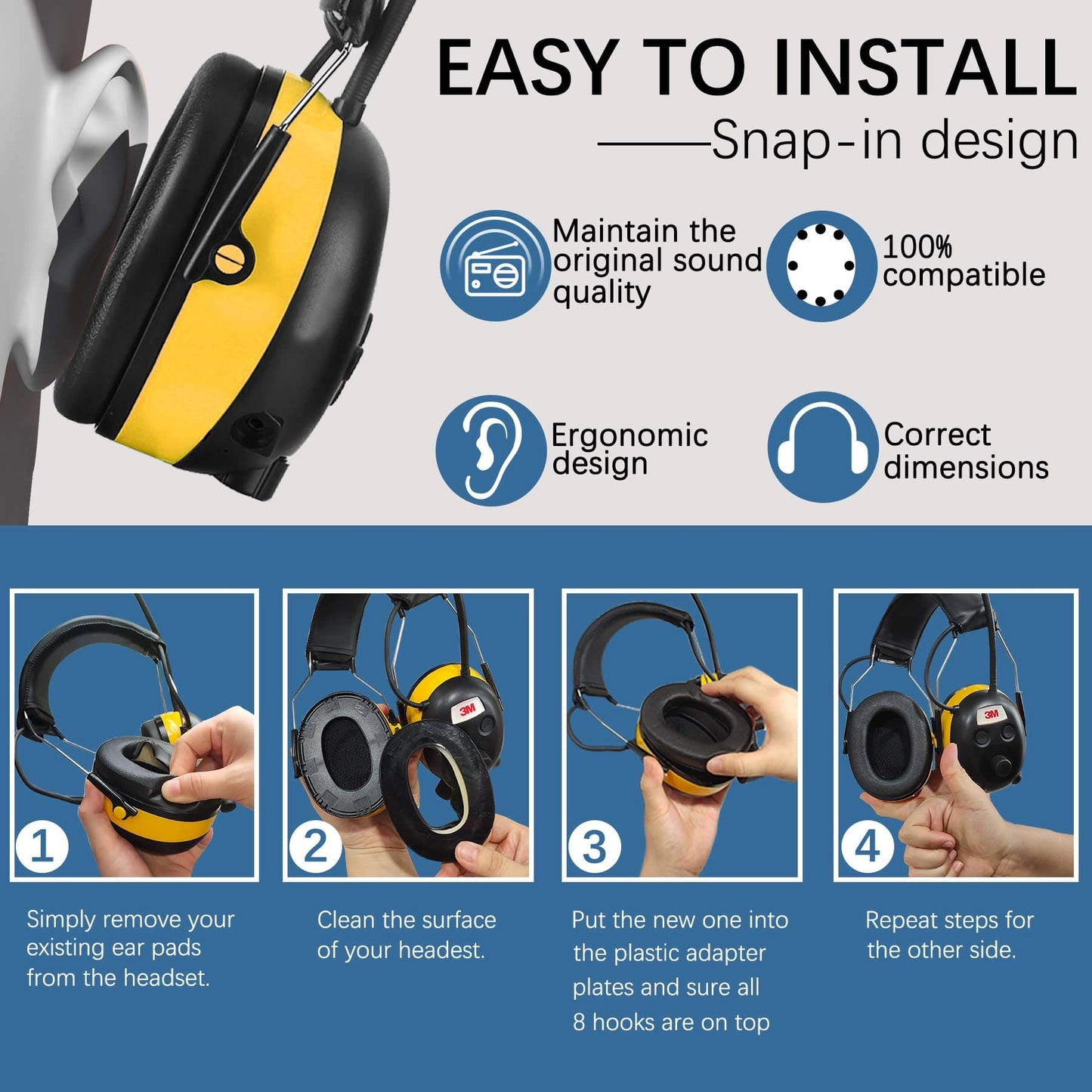 PROHEAR FEP01 Replacement Foam Ear Pads (Upgraded) for 3M WorkTunes Connect(90543, 90544, 90542, 90541), ZOHAN EM042 Radio Headphone (fep01 2 Pair)
