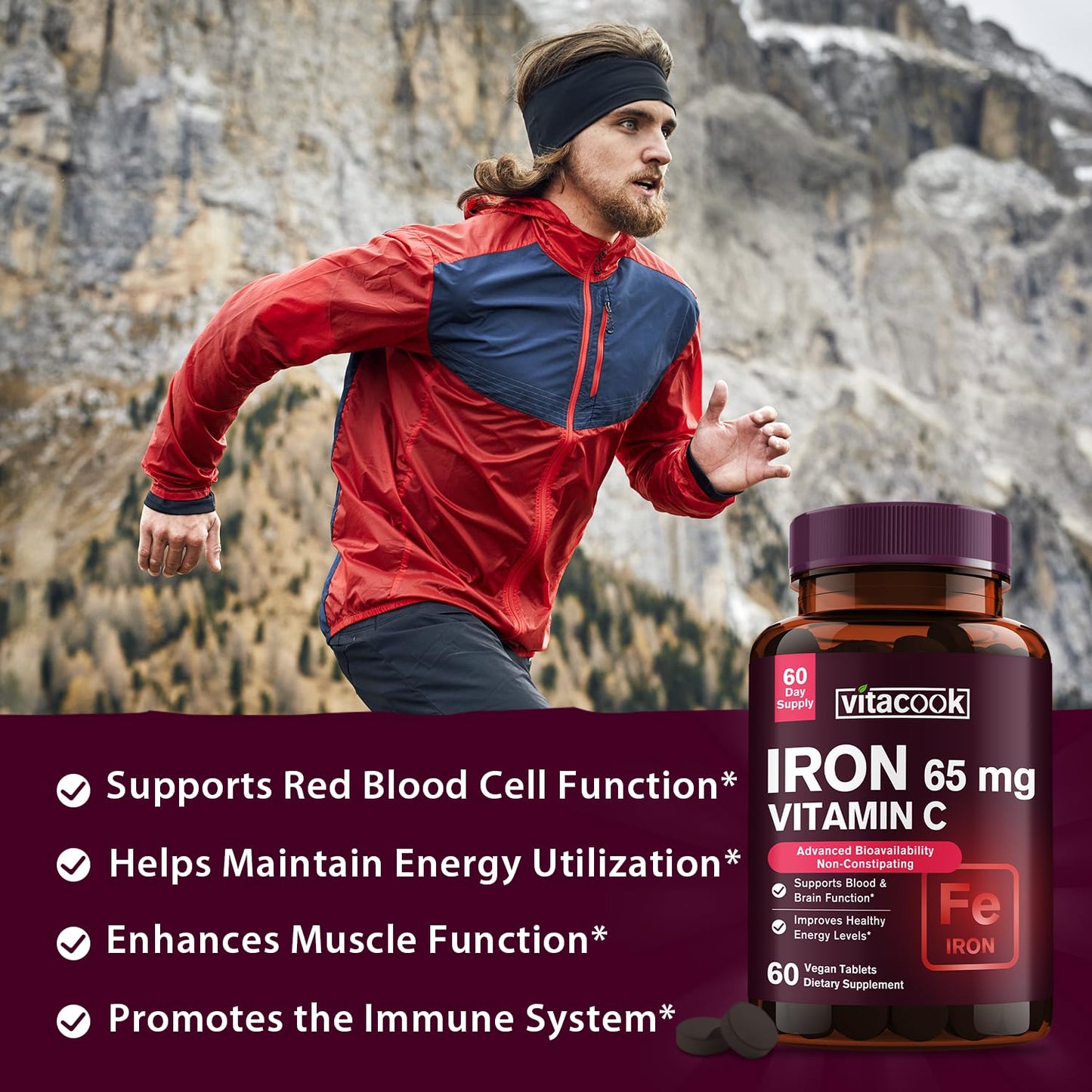 Vitacook Iron Supplement for Women Men, High Potency Iron 65mg with Vitamin C 250mg, Slow Release Stomach Friendly Iron Pills for Red Blood Cell & Immune Support, Non-GMO, Gluten Free, 60 Vegan Tabs