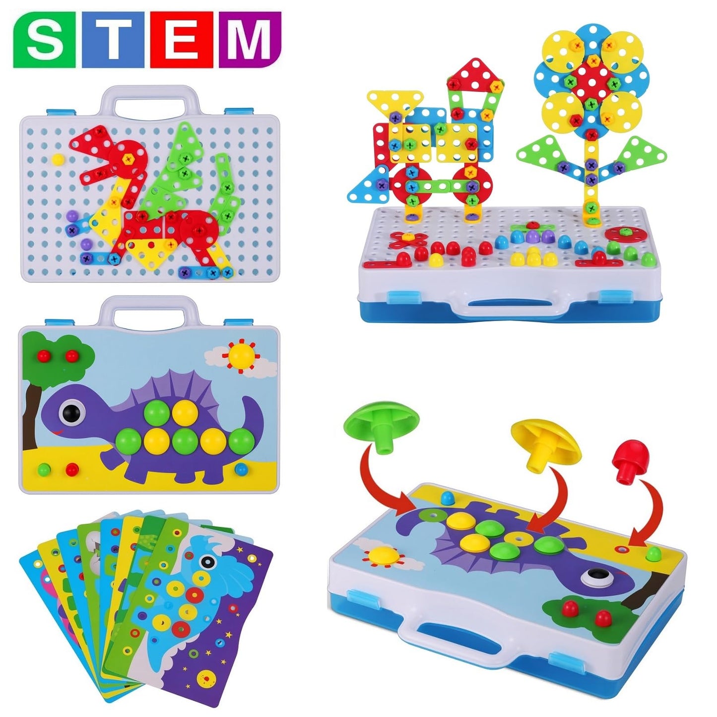 Creativity Tool Box with Drill Screwdriver Toy Set, STEM Building Toys for Kids 3+ Year Old, Creative Building Blocks Pegboard Kits for Boys & Girls 3 4 5 6 7 8 Year Old