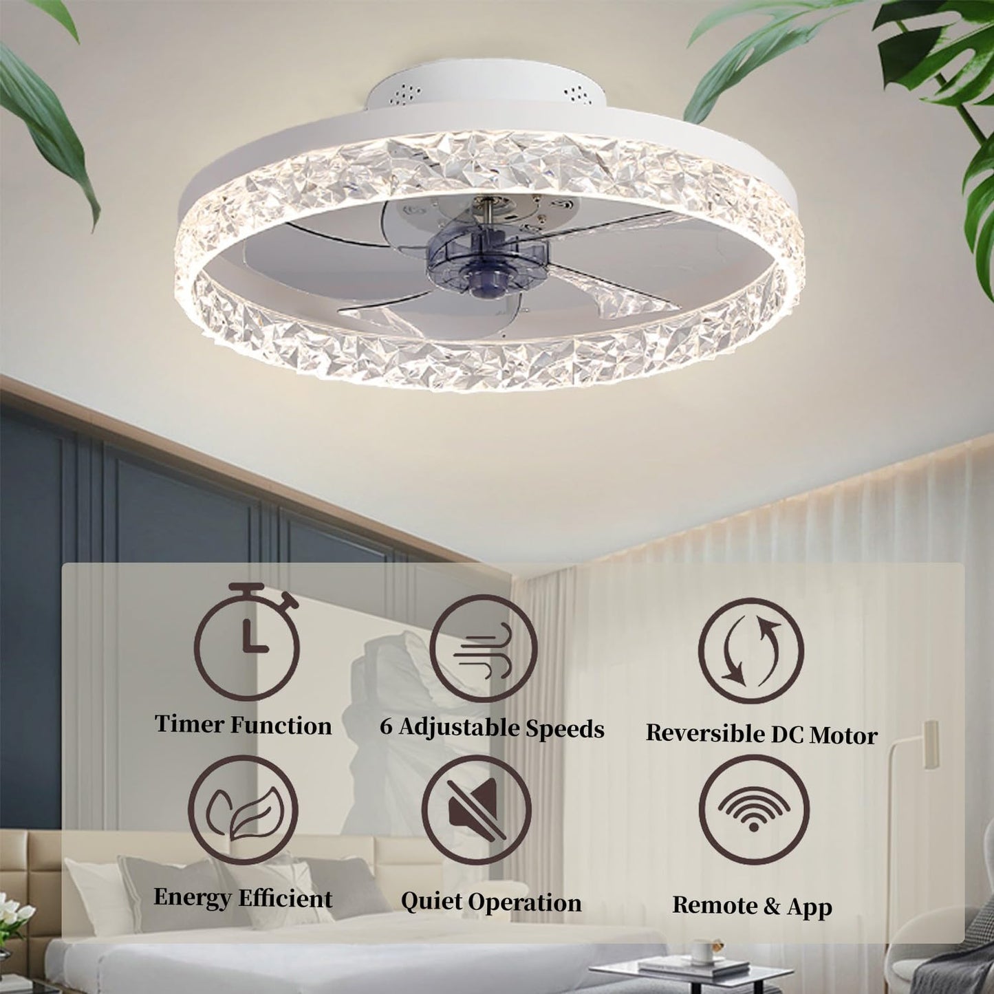 YOUHOO 19.7" Ceiling Fan with Lights, Dimmable LED 3 Color 6 Speeds Timing Reversible Blades with Remote Control, Household Fan Chandelier, indoor Low Profile Flush Mount Ceiling Fan