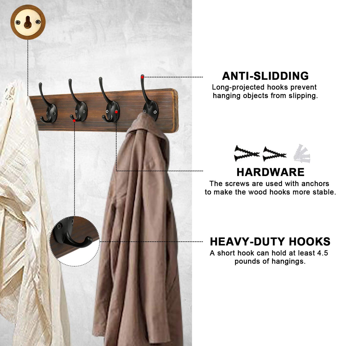 PHINGEER Rustic Wall Mounted Coat Hook Rack Heavy Duty Wooden Entryway Hanging Coat Rack with 5 Decorative Hooks for Entryway Mudroom Kitchen Bathroom Living Room Foyer Hallway (brown-1pack, 5 Hooks)