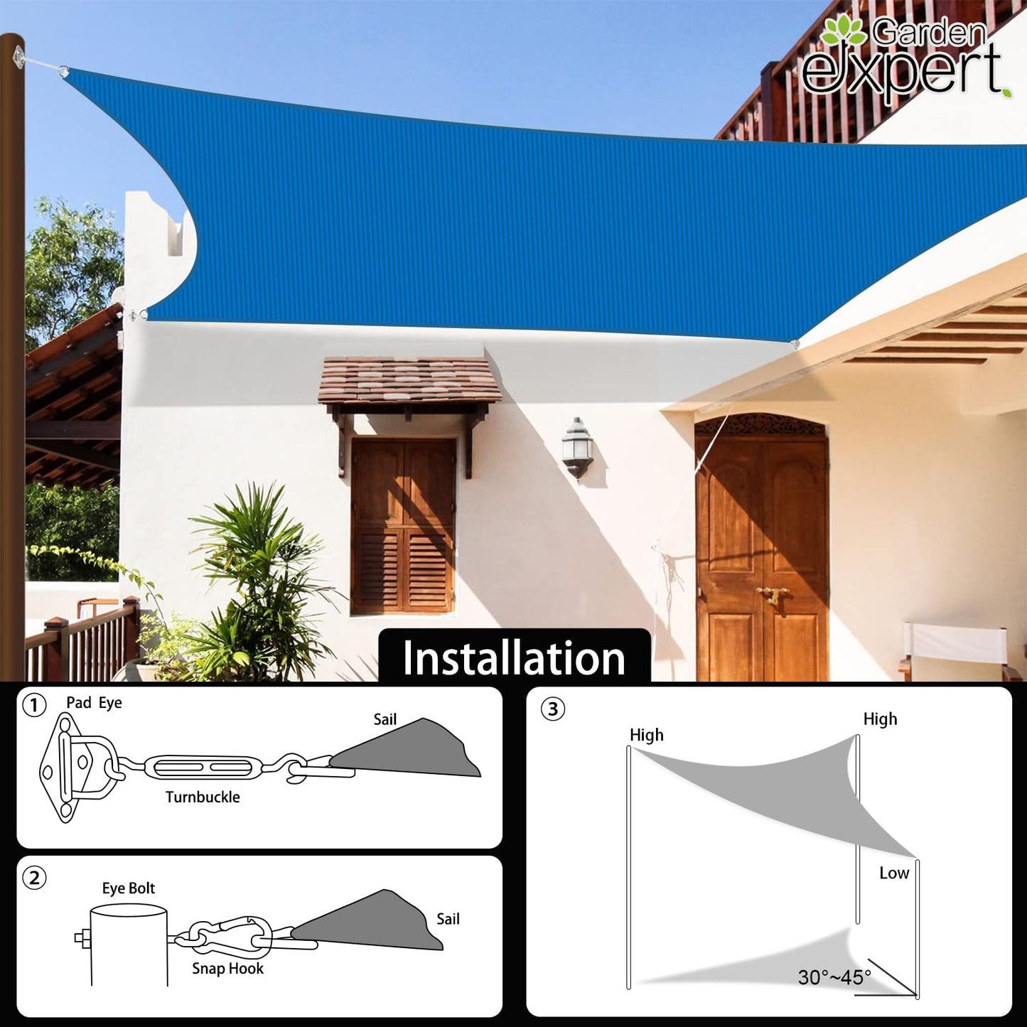 Garden EXPERT 8'x10' Sun Shade Sail Blue Rectangle Canopy Sail Shade Cloth for Patio Garden Outdoor Backyard