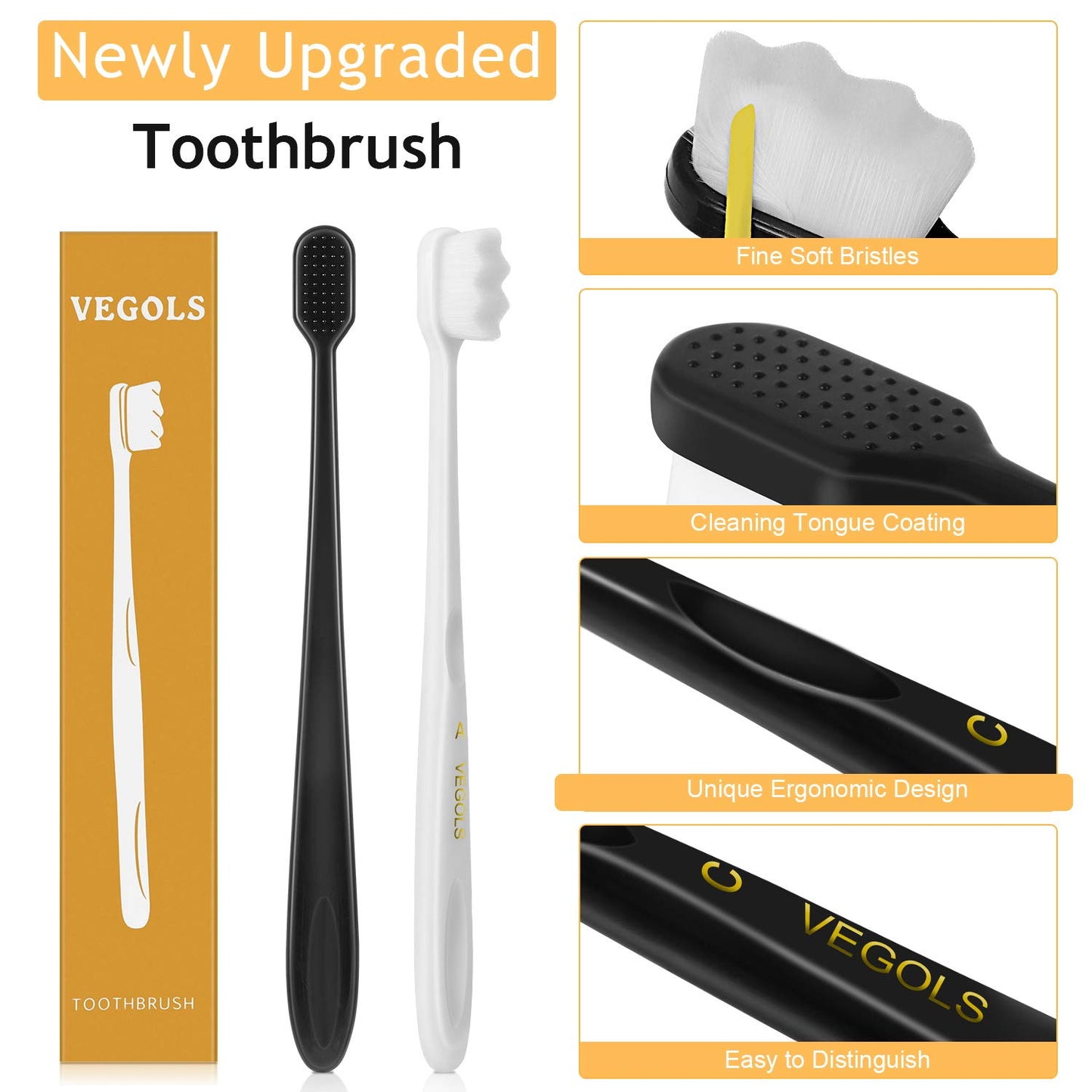 VEGOLS Adult Extra Soft Toothbrush with 20000 Soft Bristles, (Pack of 6) Micro Nano Manual Toothbrushes for Protect Sensitive Gums, Black/White