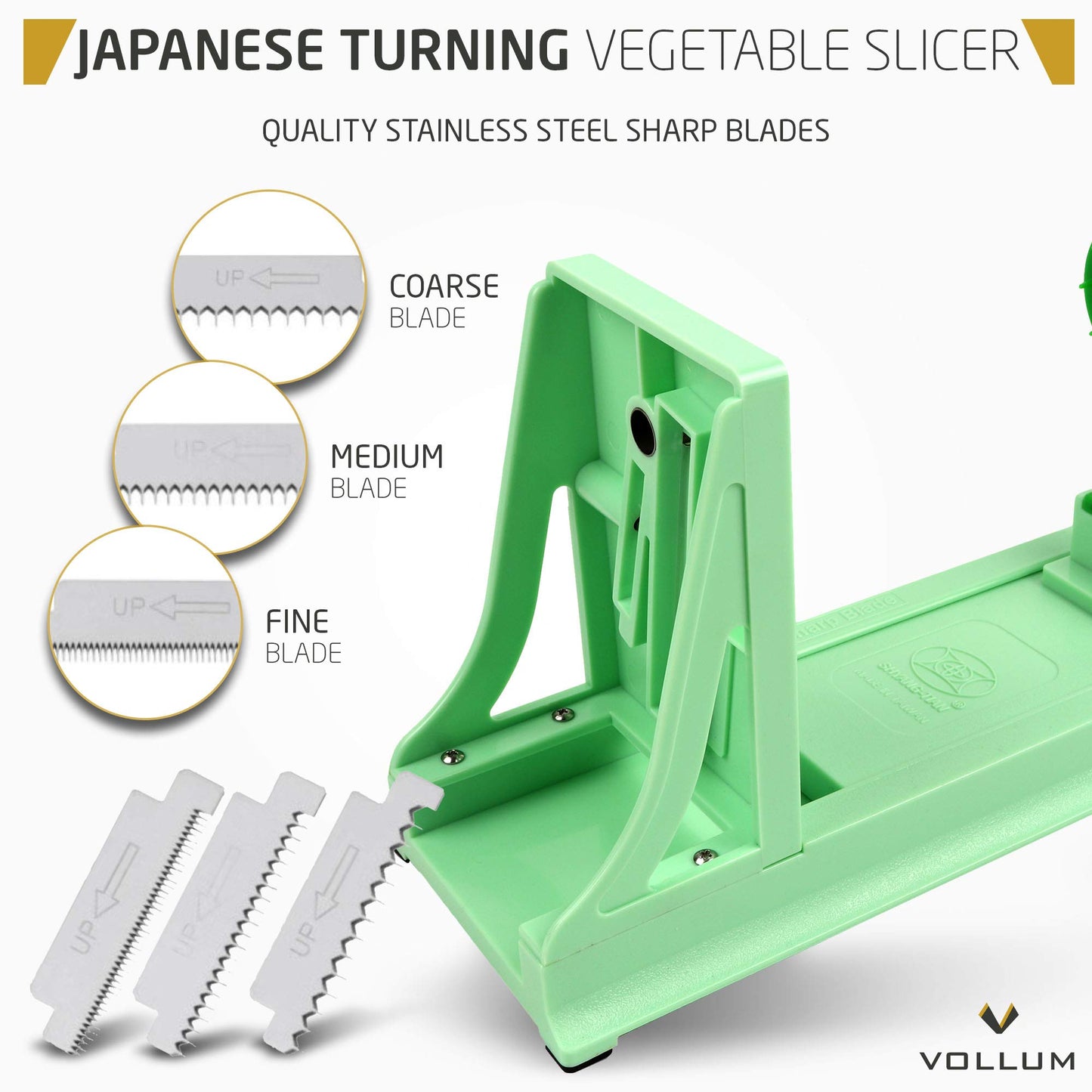 Vollum Japanese Turning Vegetable Spiralizer, Veggie Spiralizer For Fresh Zucchini, Squash, Butternut Squash with 1 Straight-Edged Blade and 3 Serrated Blades Multiple