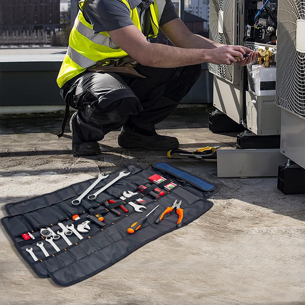 reygeak 25 Pocket Tool Roll Organizers,1680D PVC Wrench Tool Roll up Bag,Heavy Duty Roll Up Tool Bag Organizer ELECTRICIAN