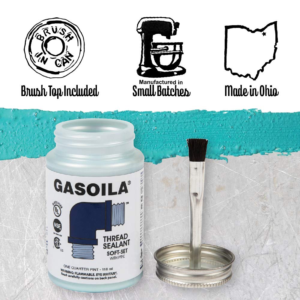 Gasoila Soft-Set Pipe Thread Sealant with PTFE Paste, Non Hardening, -100 to 600 Degree F, 1/2 Pint Brush, Blue