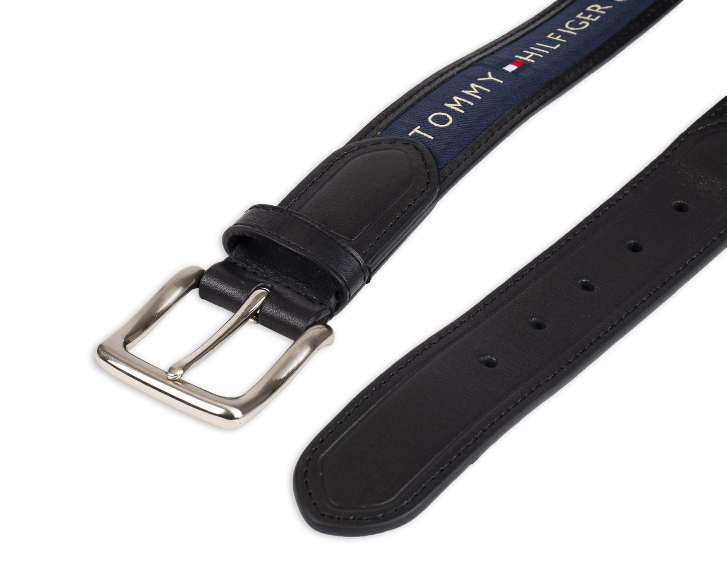 Tommy Hilfiger Men's Ribbon Inlay Belt - Ribbon Fabric Design with Single Prong Buckle, Black/Navy, 32