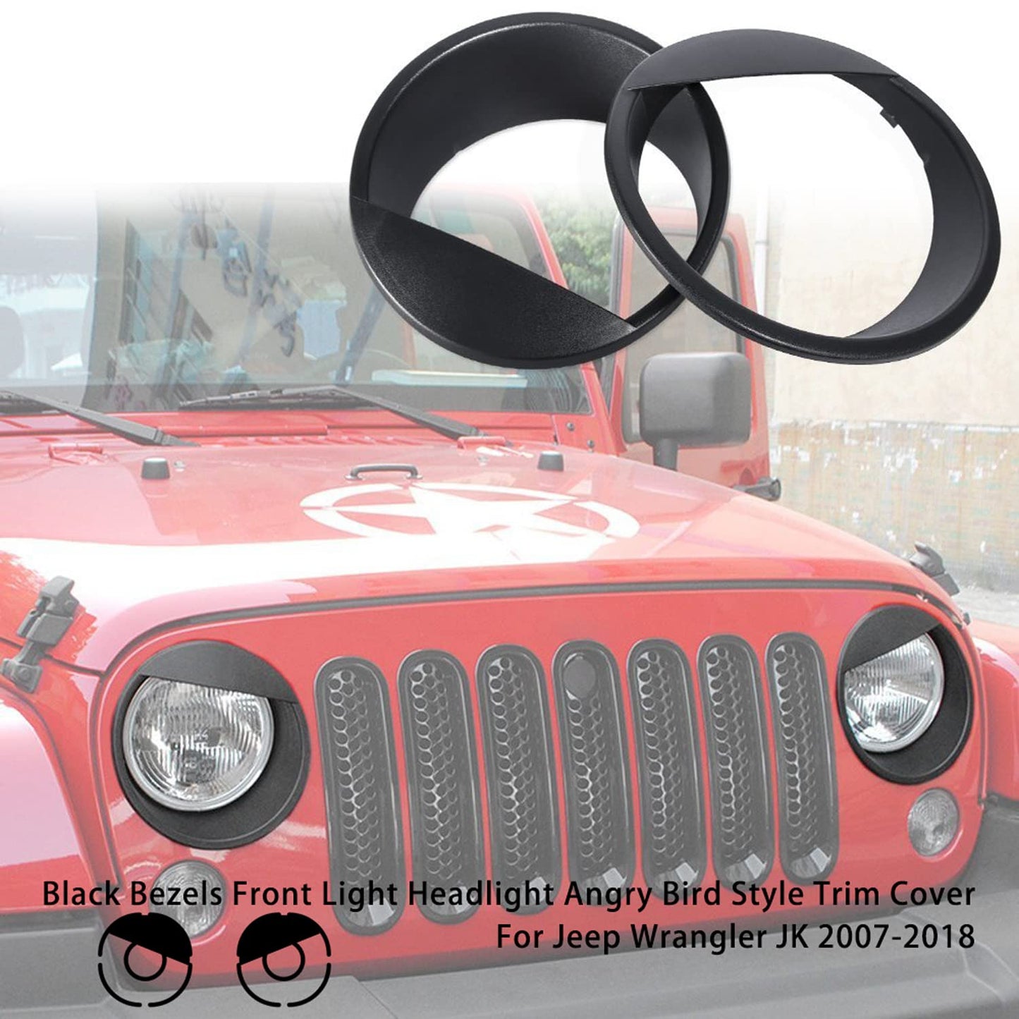Opall Black Bezels Front Light Headlight Angry Bird Style Trim Cover for Jeep Wrangler JK JKU Rubicon Sahara 2007-2018, not for JL