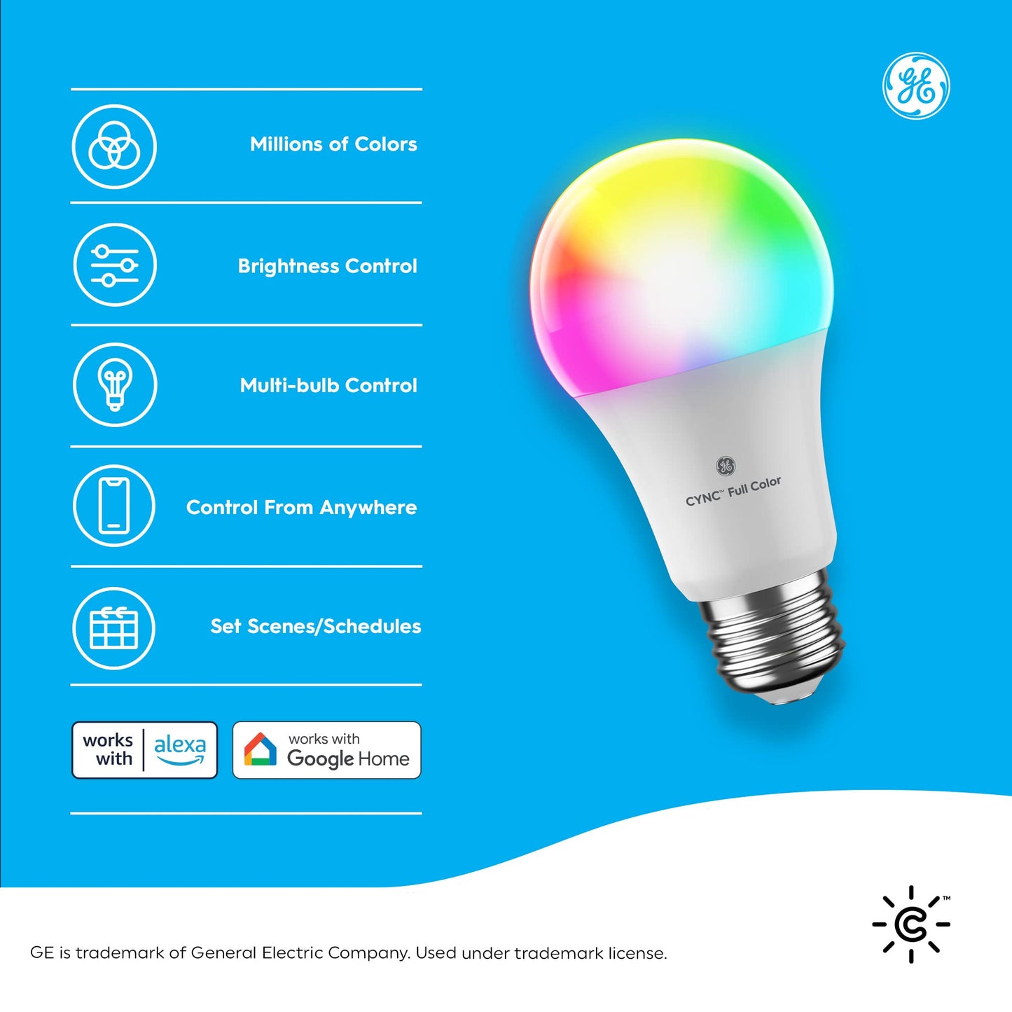 GE CYNC Smart LED Light Bulb, Color Changing Lights, Bluetooth and Wi-Fi Lights, Works with Alexa and Google Home, A19 Light Bulb (1 Pack)
